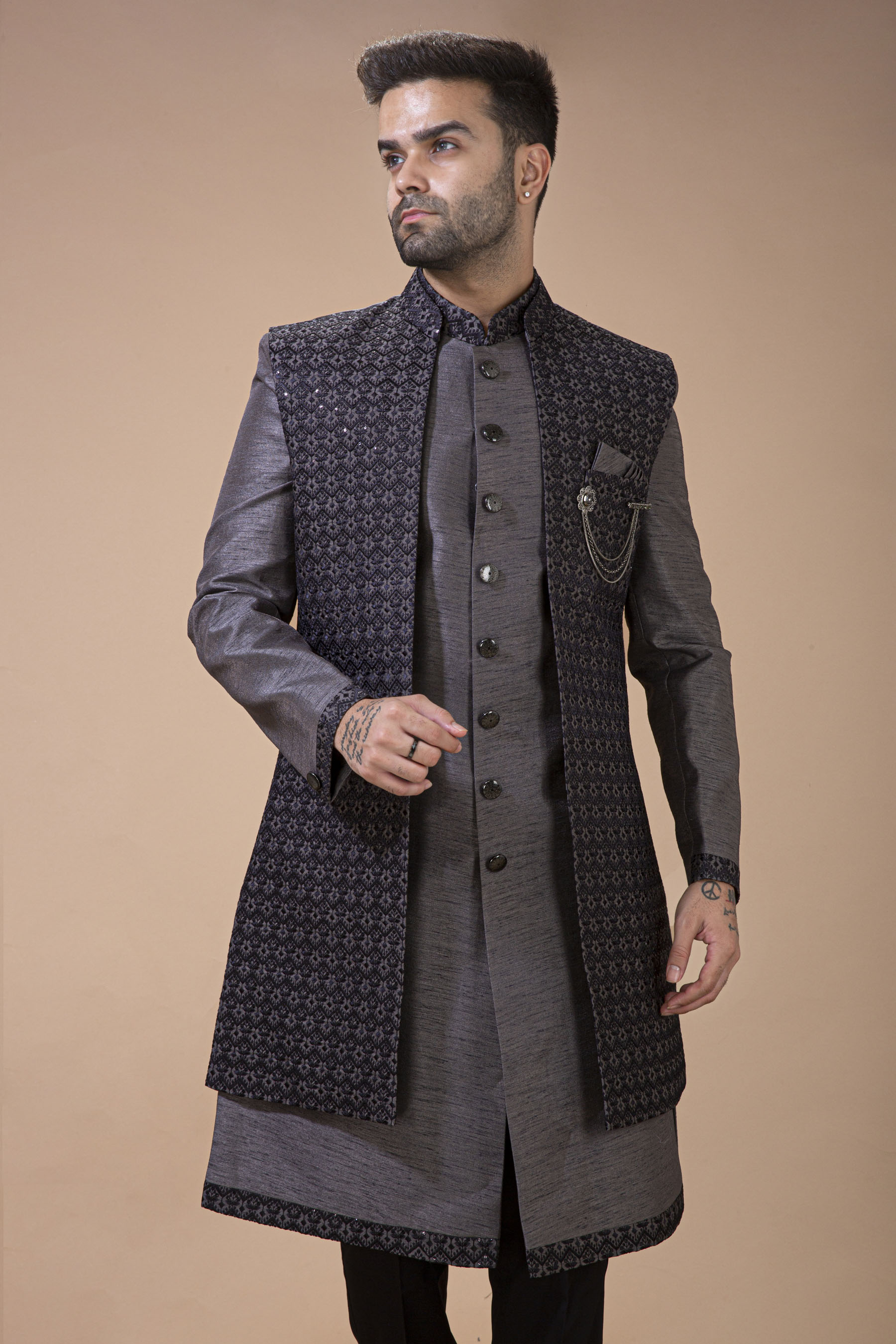 Grey Long Jacket With Contrast Thread Embroidery