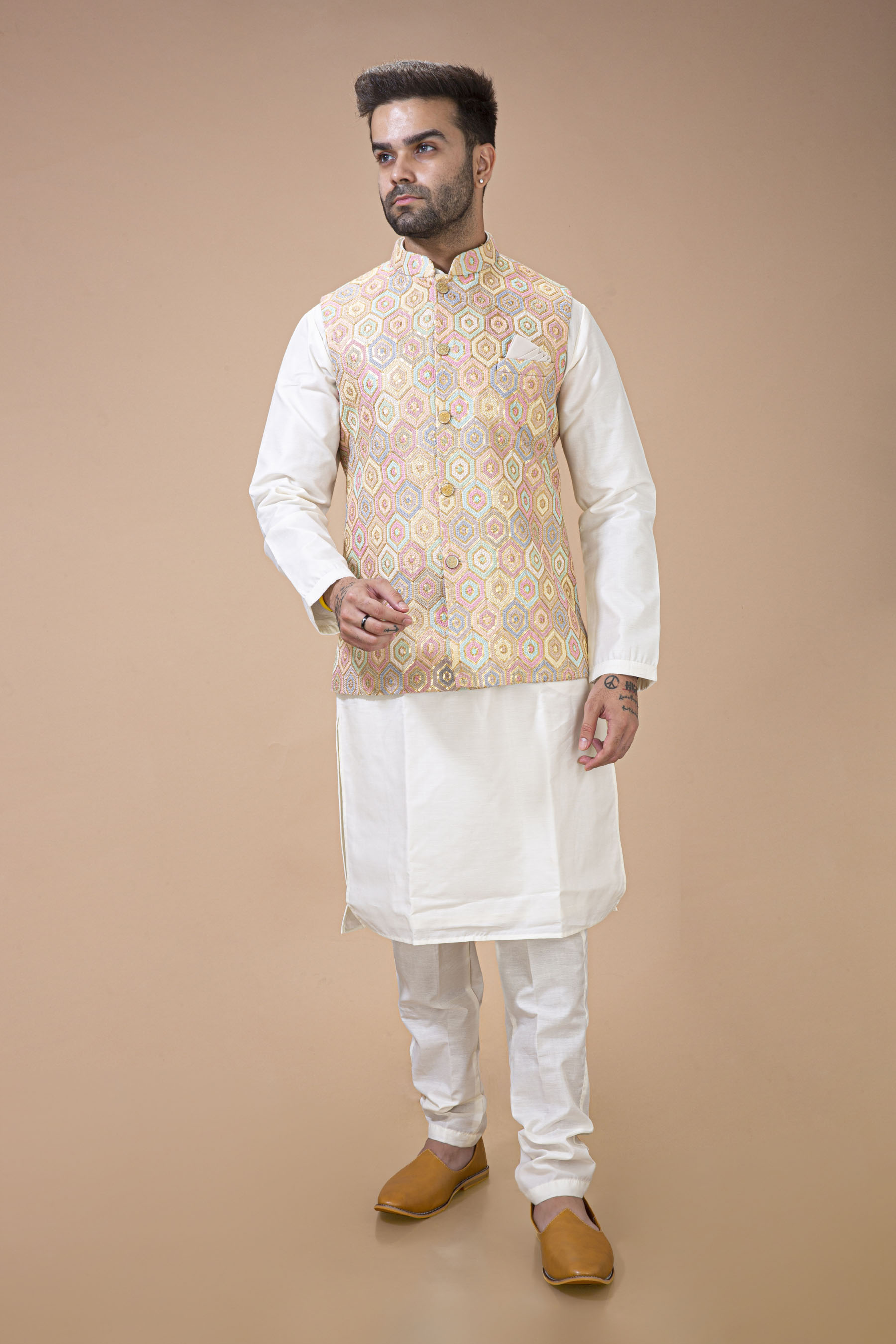 Multi Colour Waist Coat With Plain Silk Kurta Set 