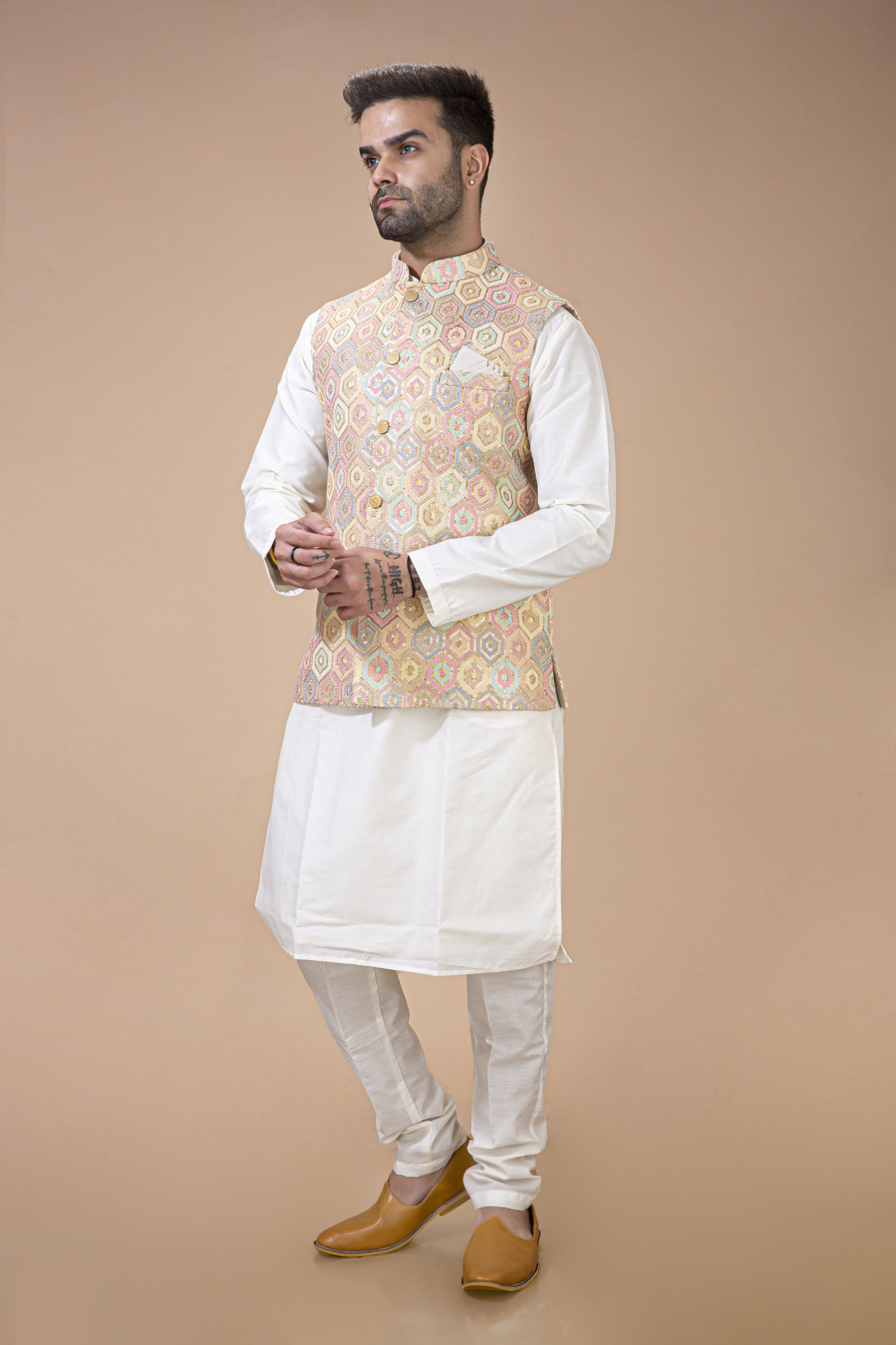 Multi Colour Waist Coat With Plain Silk Kurta Set 