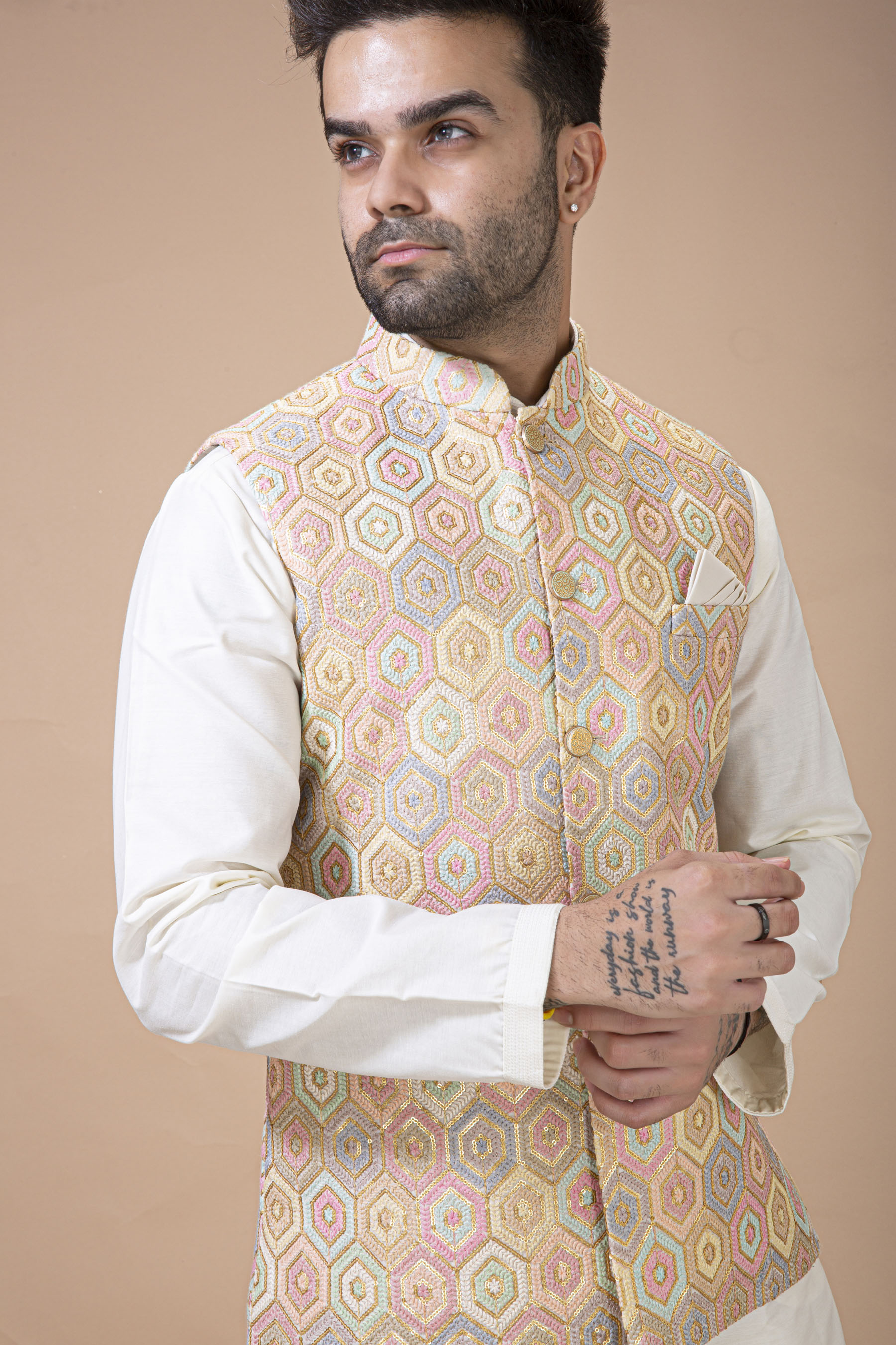 Multi Colour Waist Coat With Plain Silk Kurta Set 