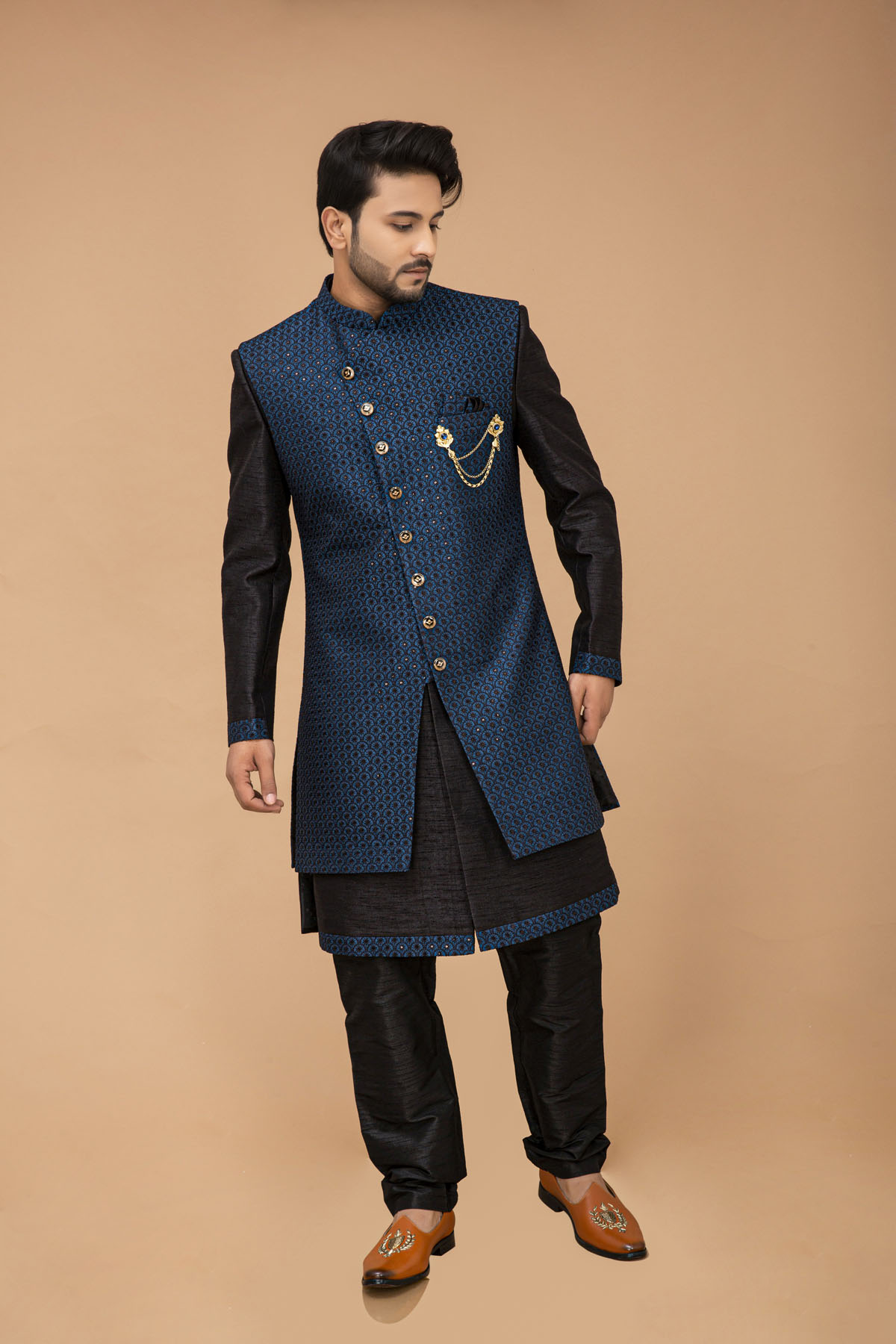 Black Nawabi With Teal Long Jacket