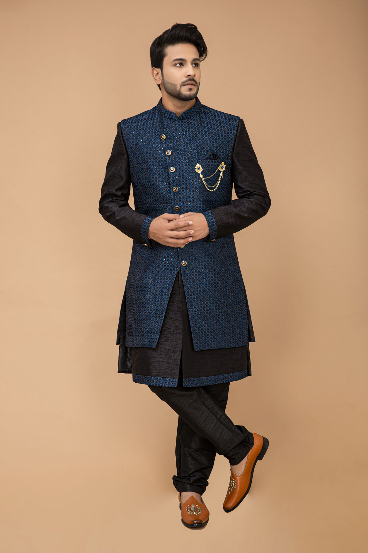 Black Nawabi With Teal Long Jacket