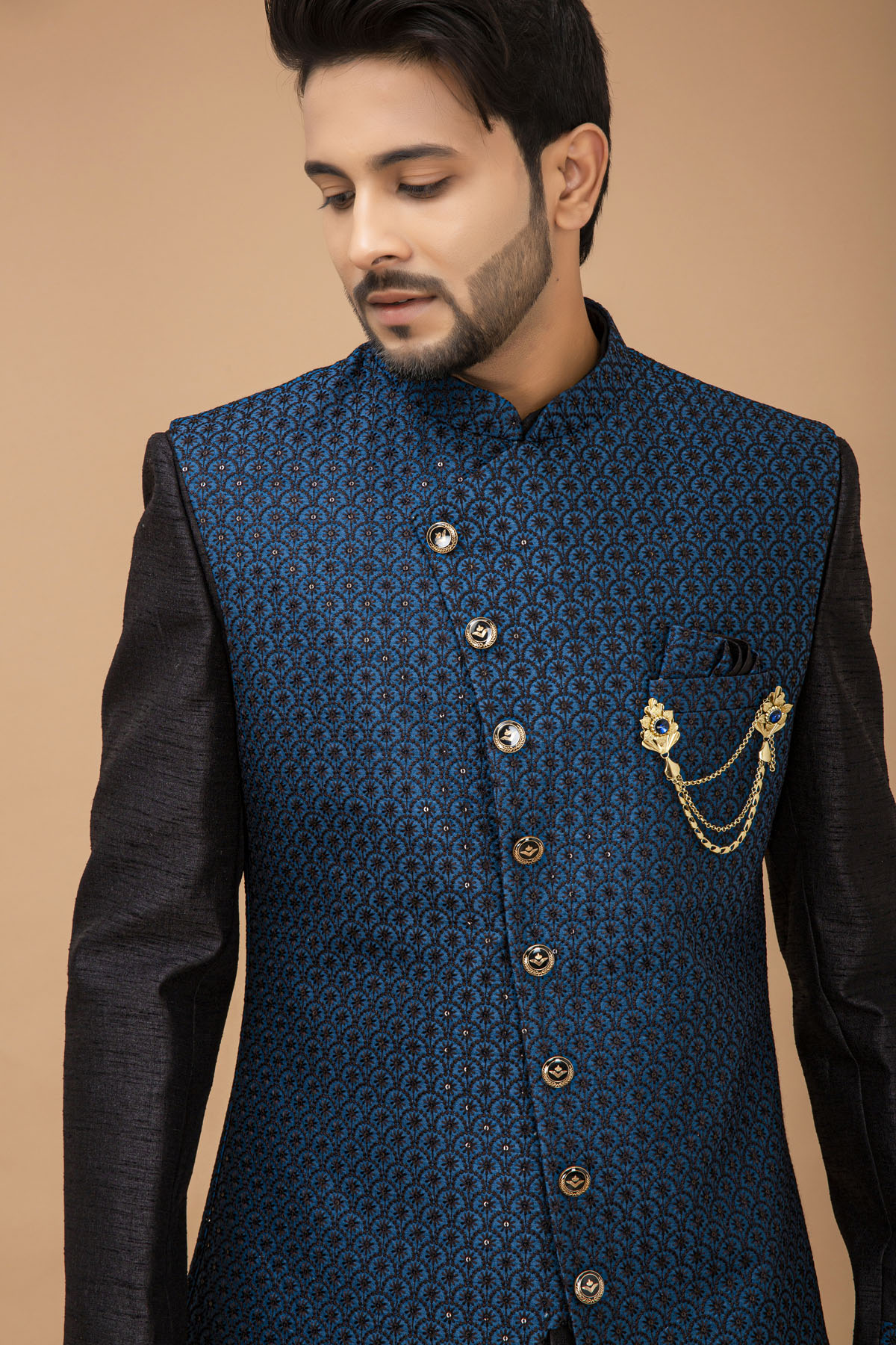 Black Nawabi With Teal Long Jacket