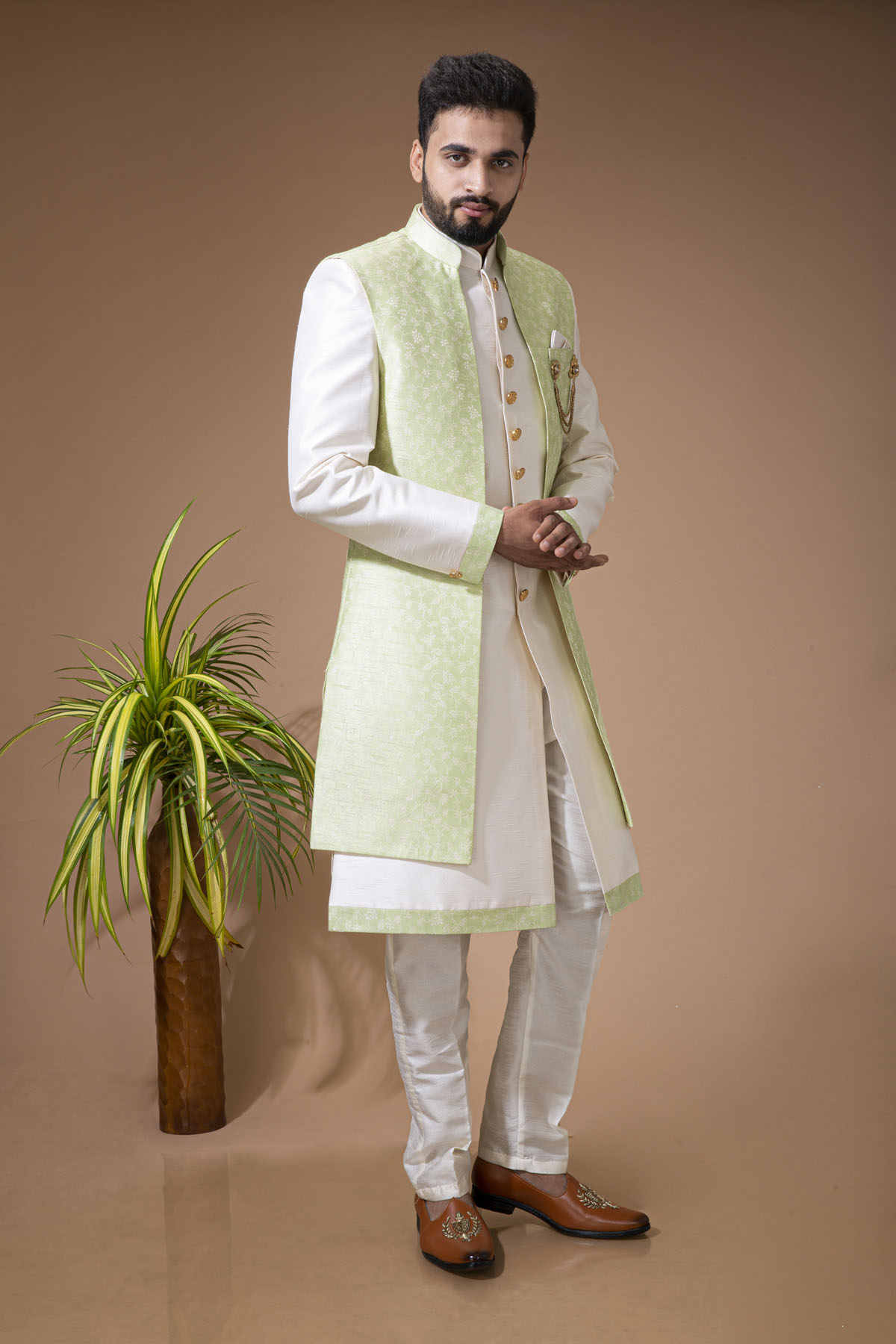 Cream Nawabi With Pista Long Jacket