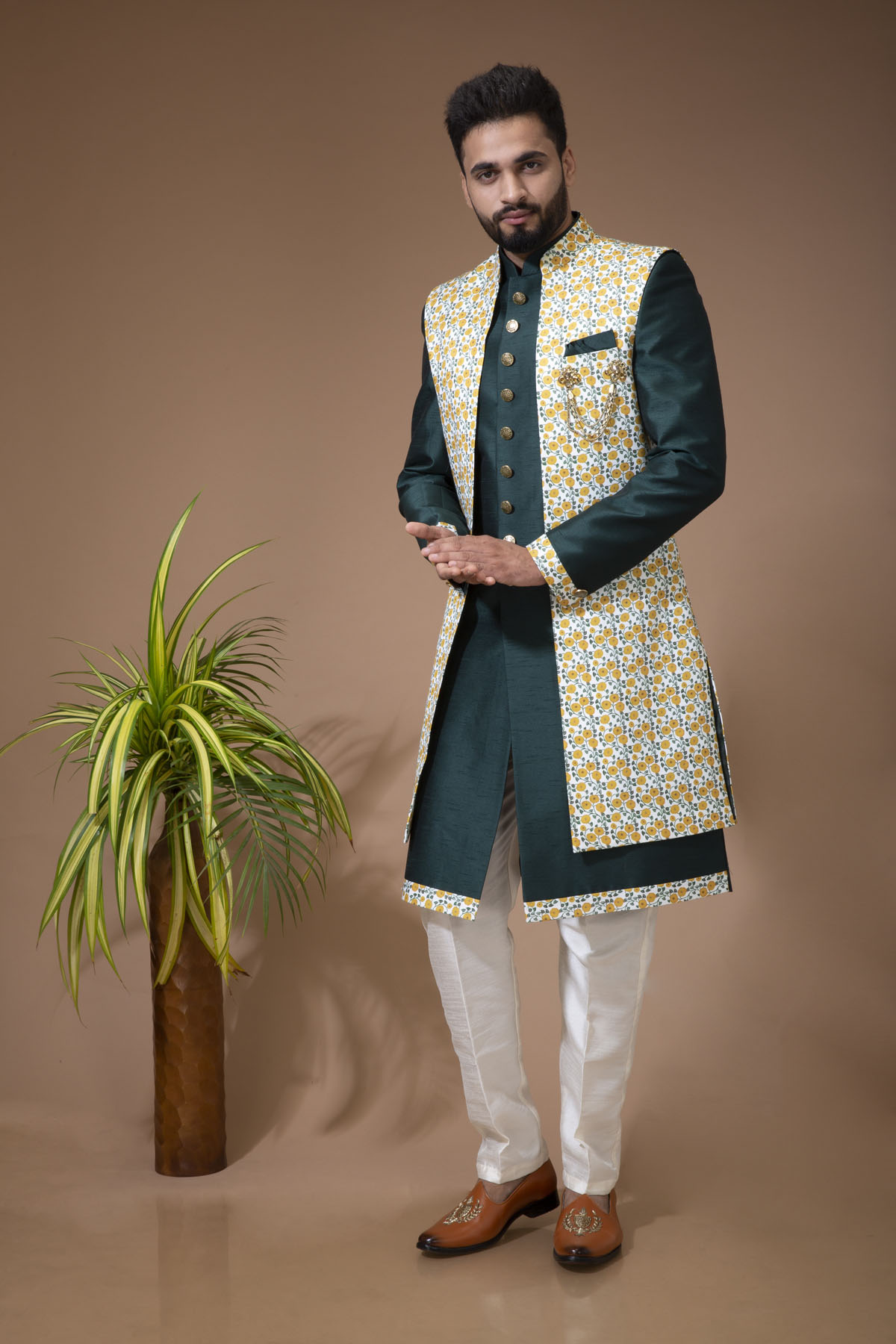 Green Nawabi with Floral Long jacket