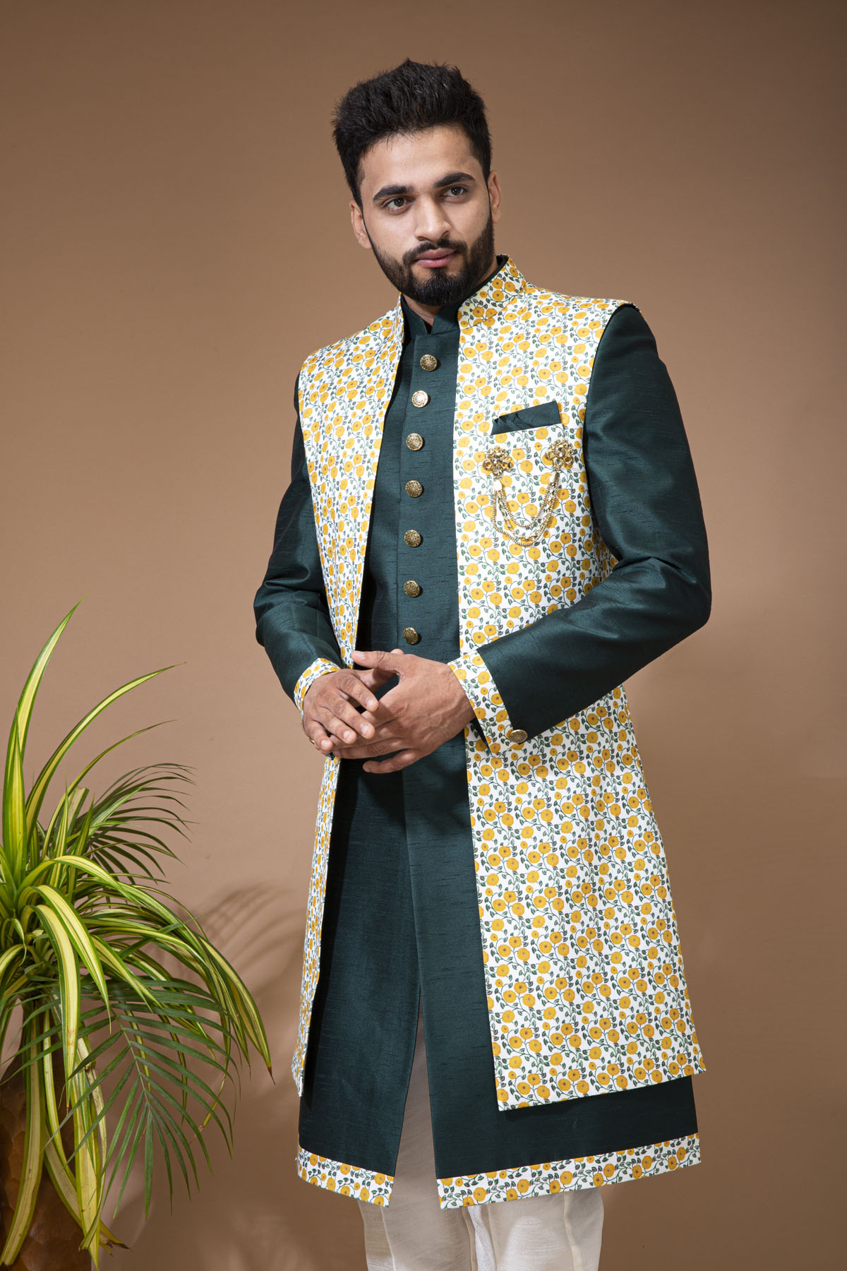 Green Nawabi with Floral Long jacket