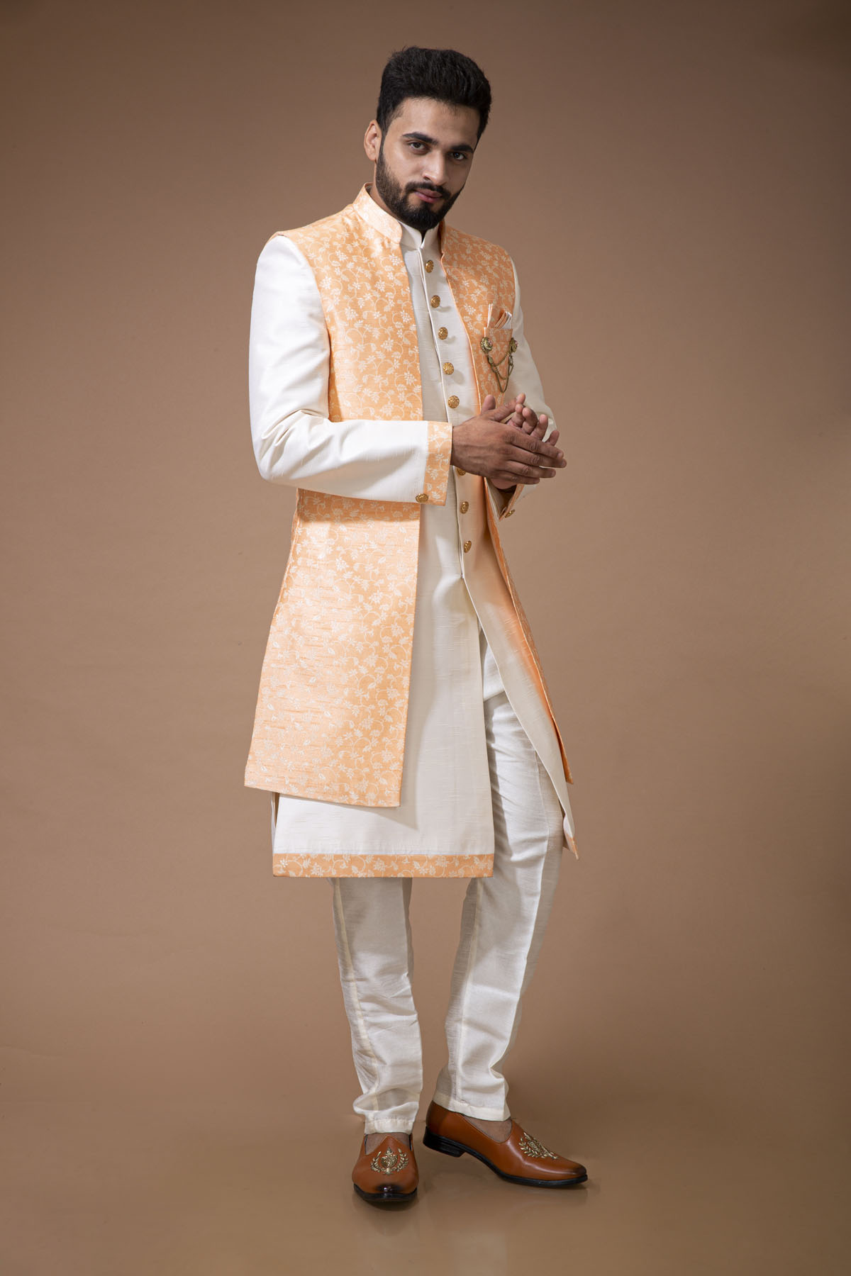 Cream Nawabi With Orange Long  Jacket