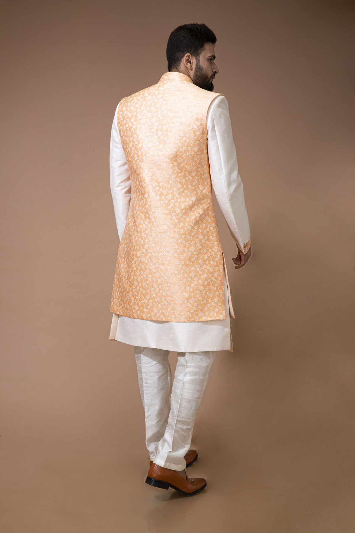 Cream Nawabi With Orange Long  Jacket