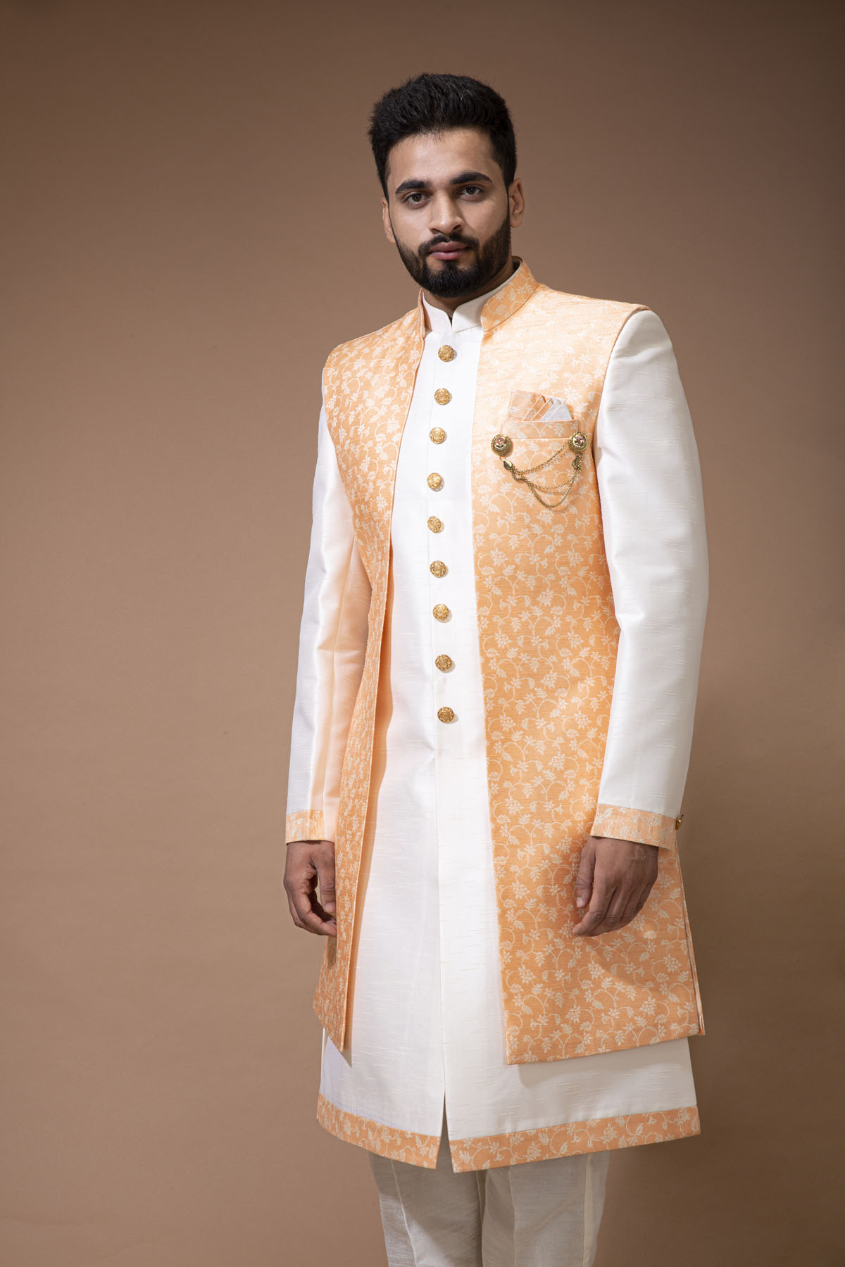 Cream Nawabi With Orange Long  Jacket