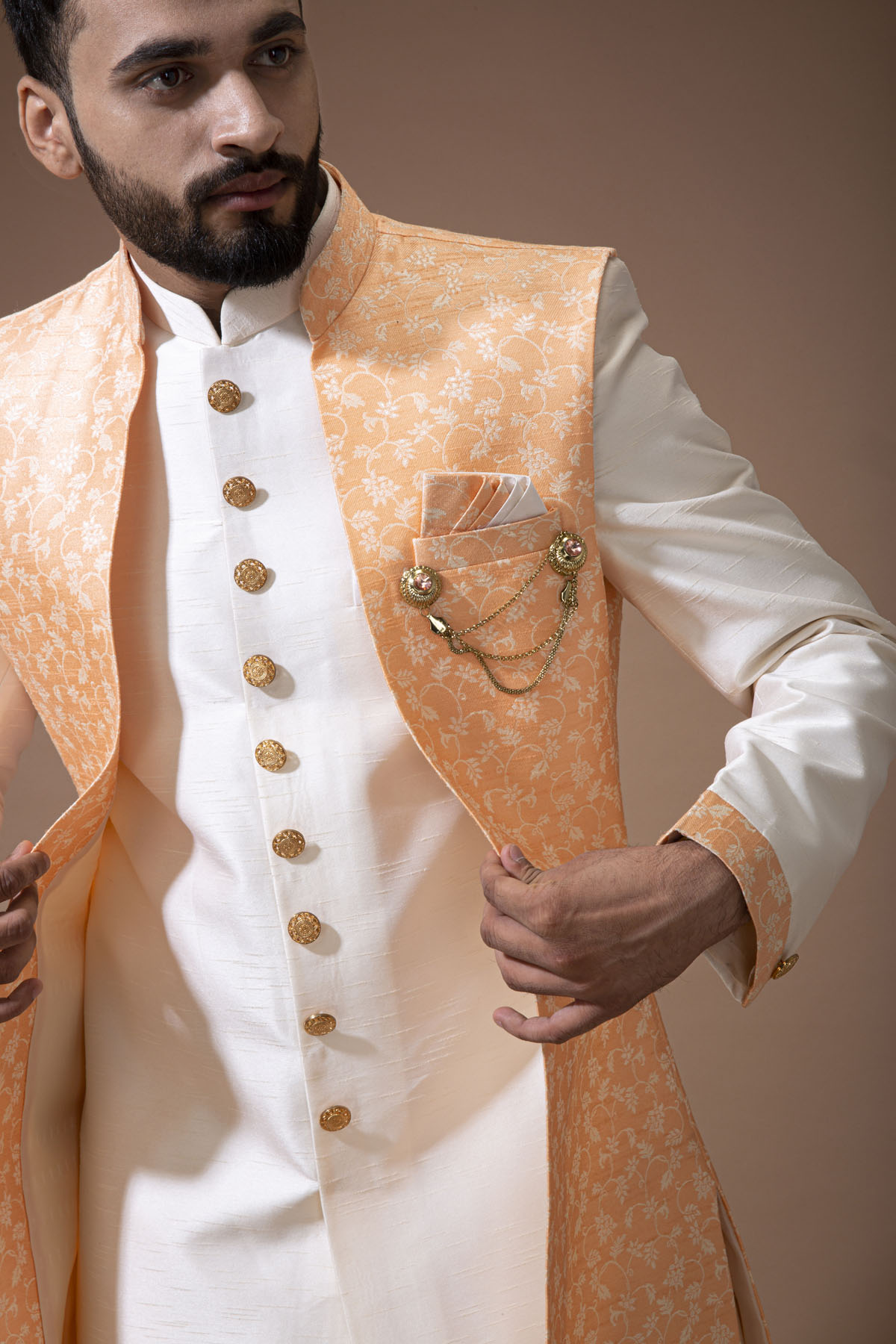 Cream Nawabi With Orange Long  Jacket