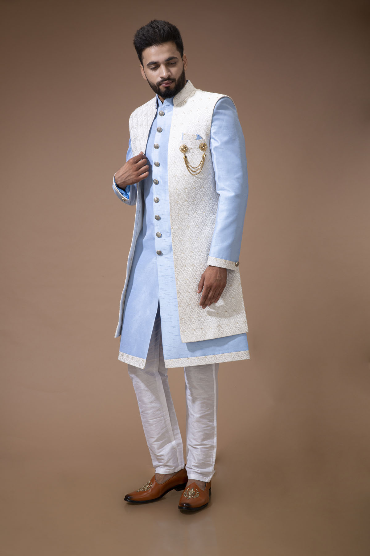 Powder blue Nawabi with white Long jacket