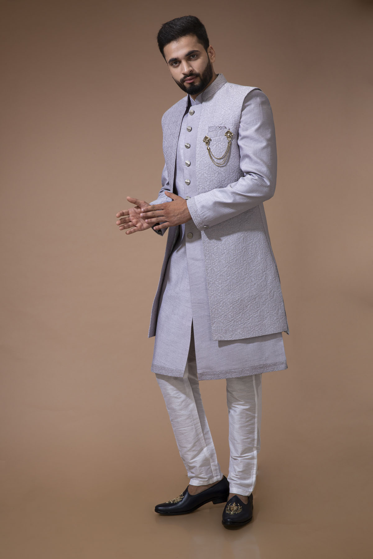 Light Lavender Nawabi With Self Embroidered Long Jacket