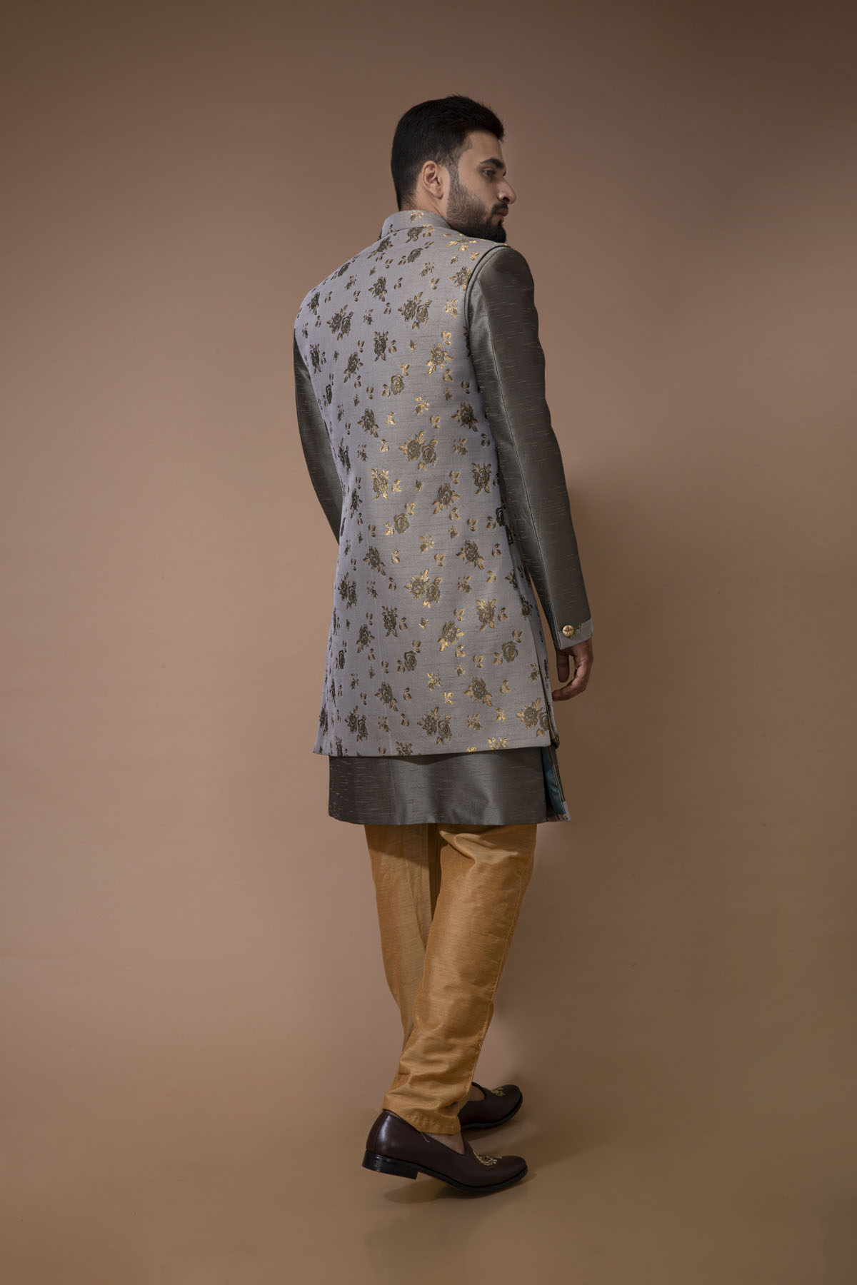 Gray Nawabi with Floral Long jacket