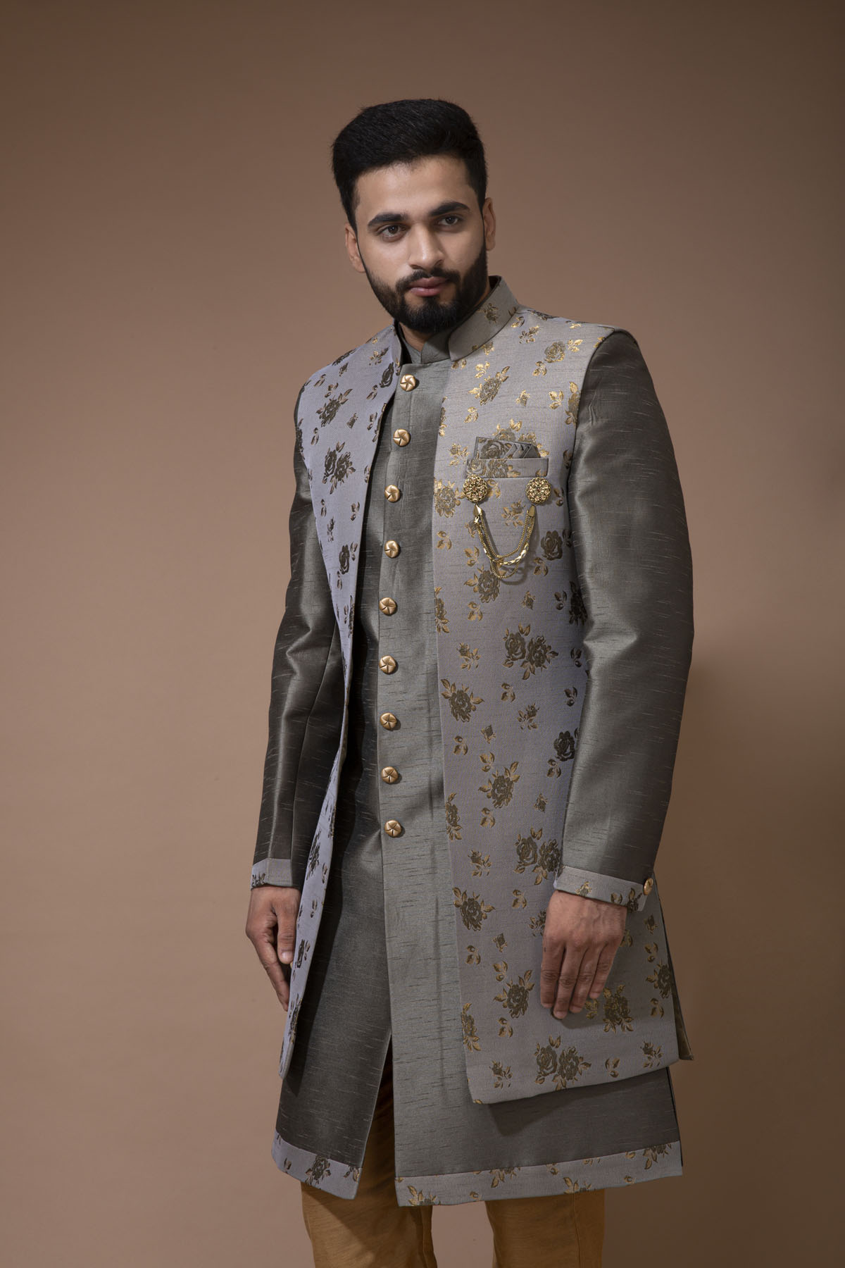 Gray Nawabi with Floral Long jacket