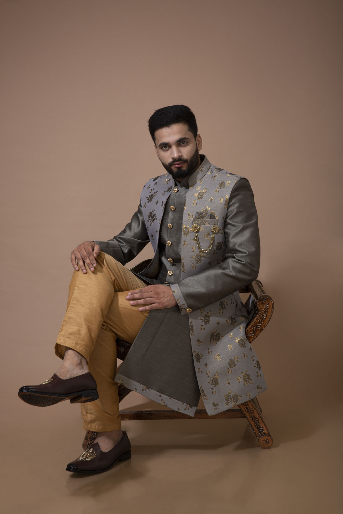 Gray Nawabi with Floral Long jacket