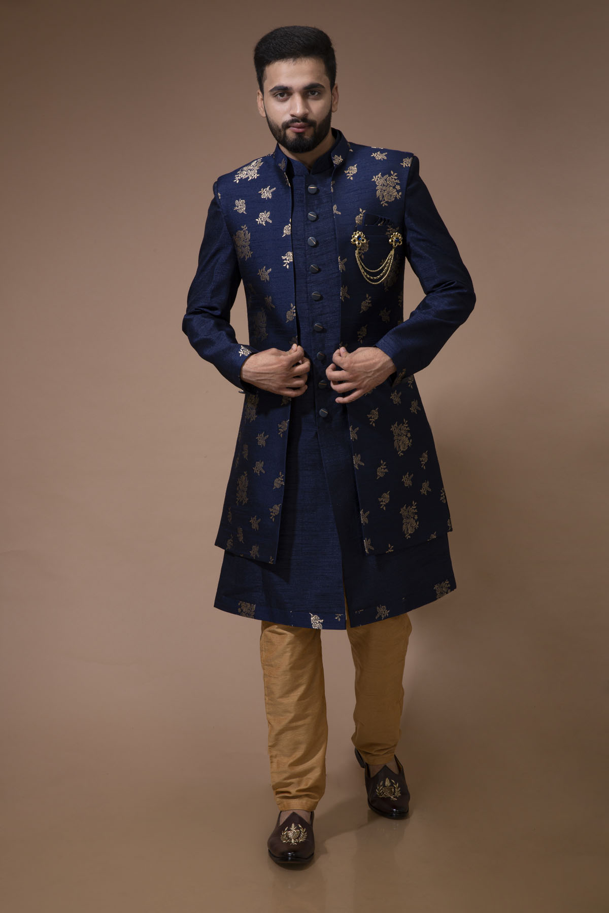 Navy Blue Nawabi With Jacquard Long Jacket