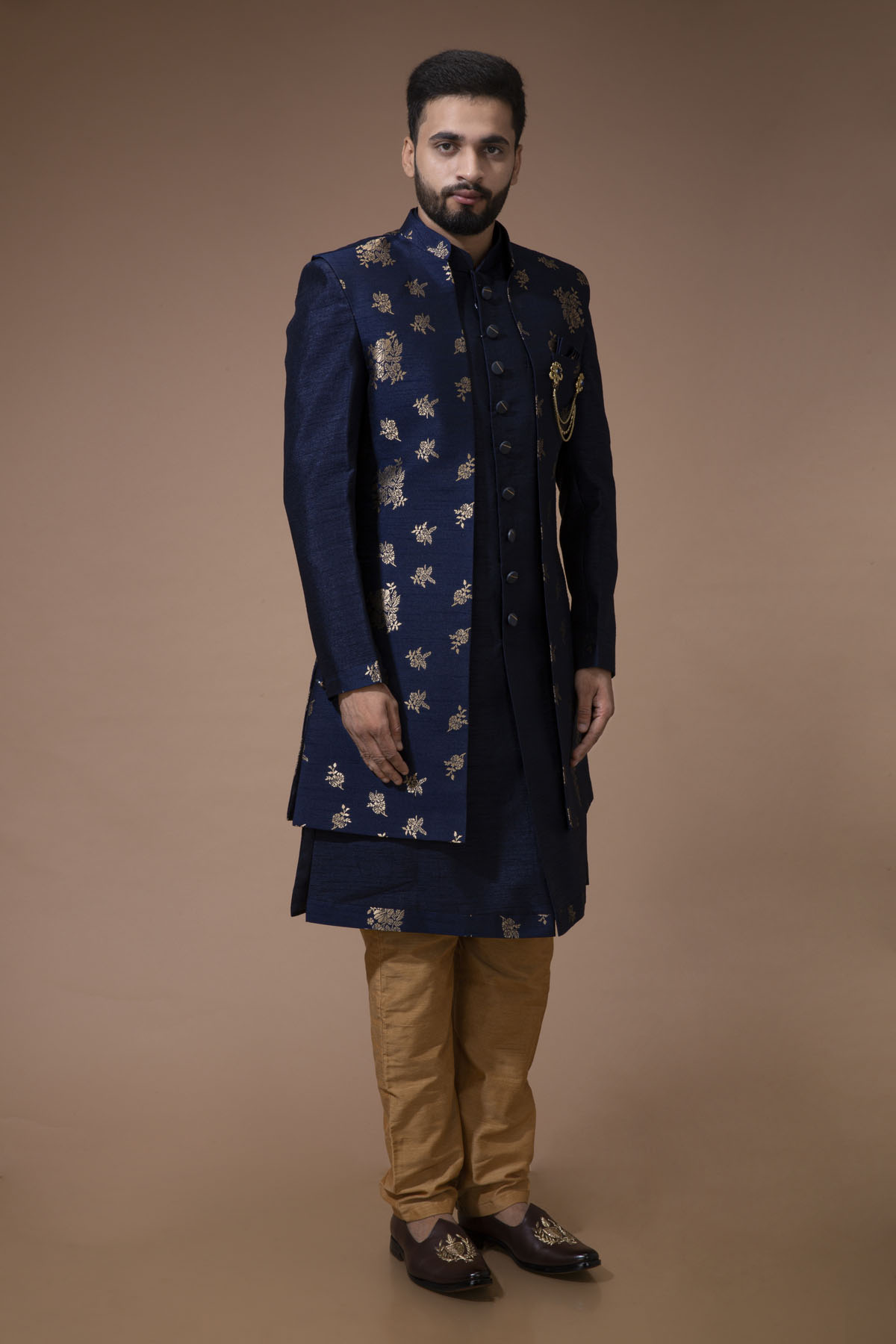 Navy Blue Nawabi With Jacquard Long Jacket