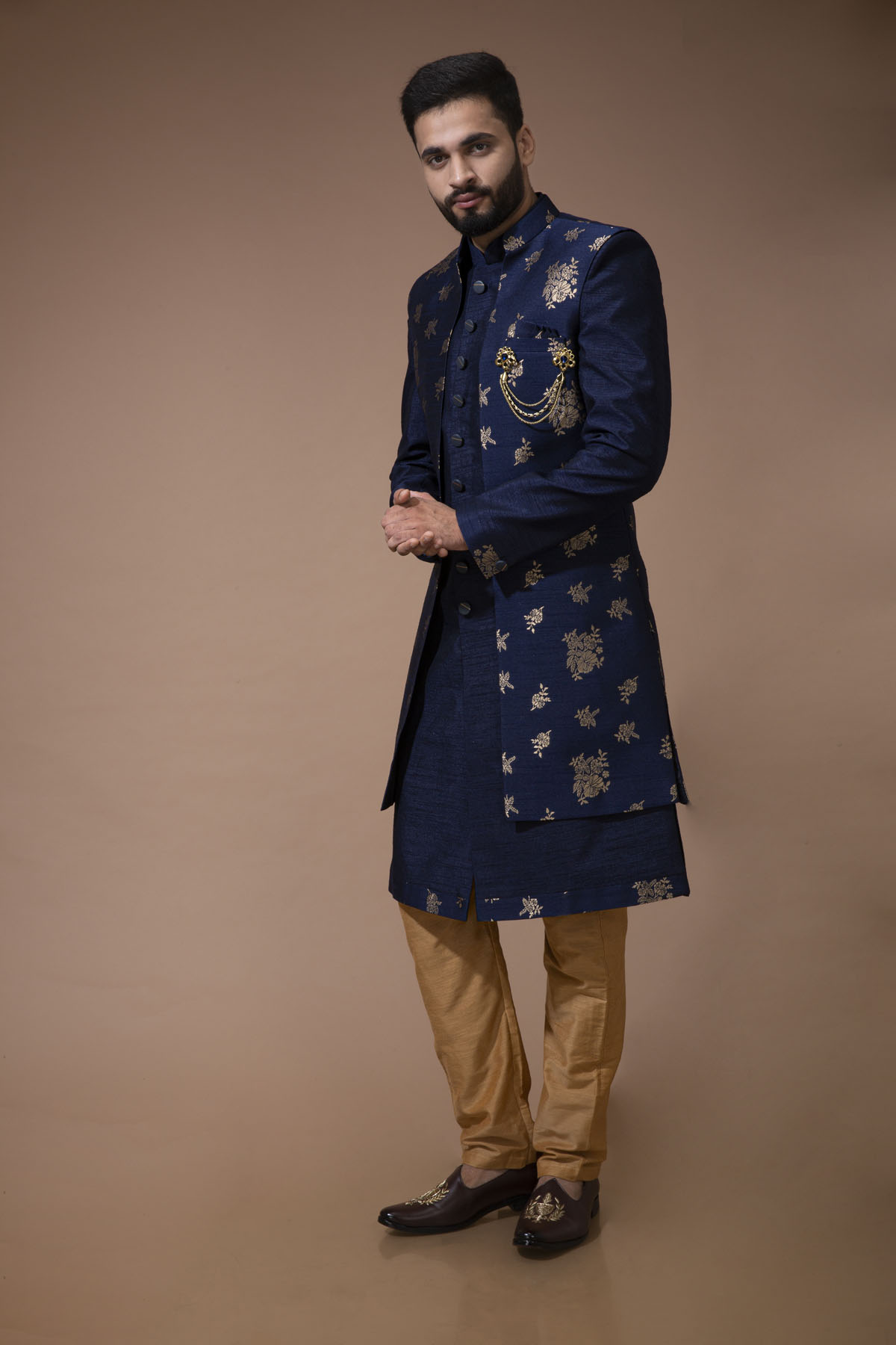 Navy Blue Nawabi With Jacquard Long Jacket