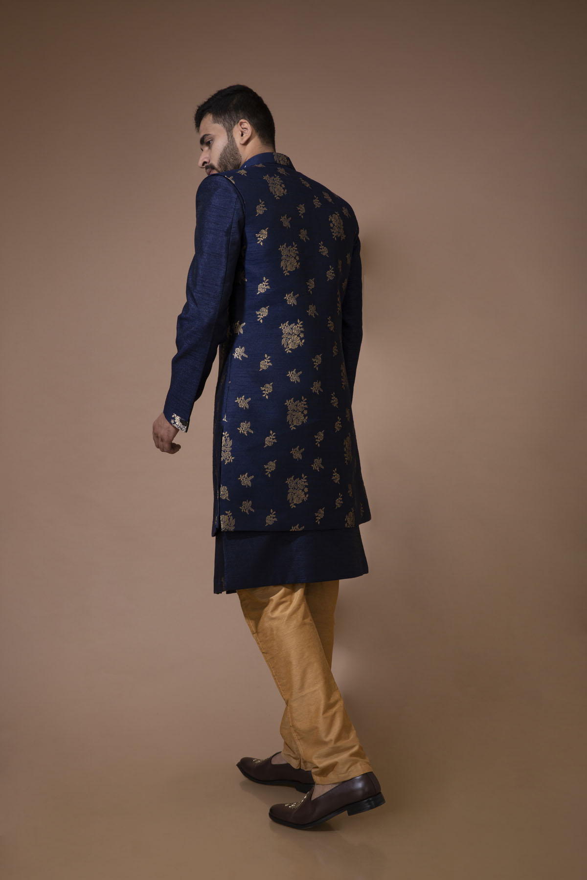 Navy Blue Nawabi With Jacquard Long Jacket