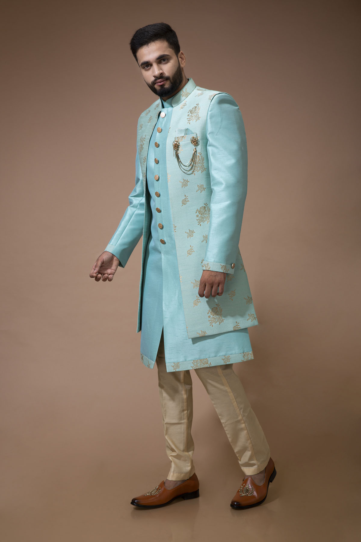 Sea Green Nawabi With Jacquard Long Jacket