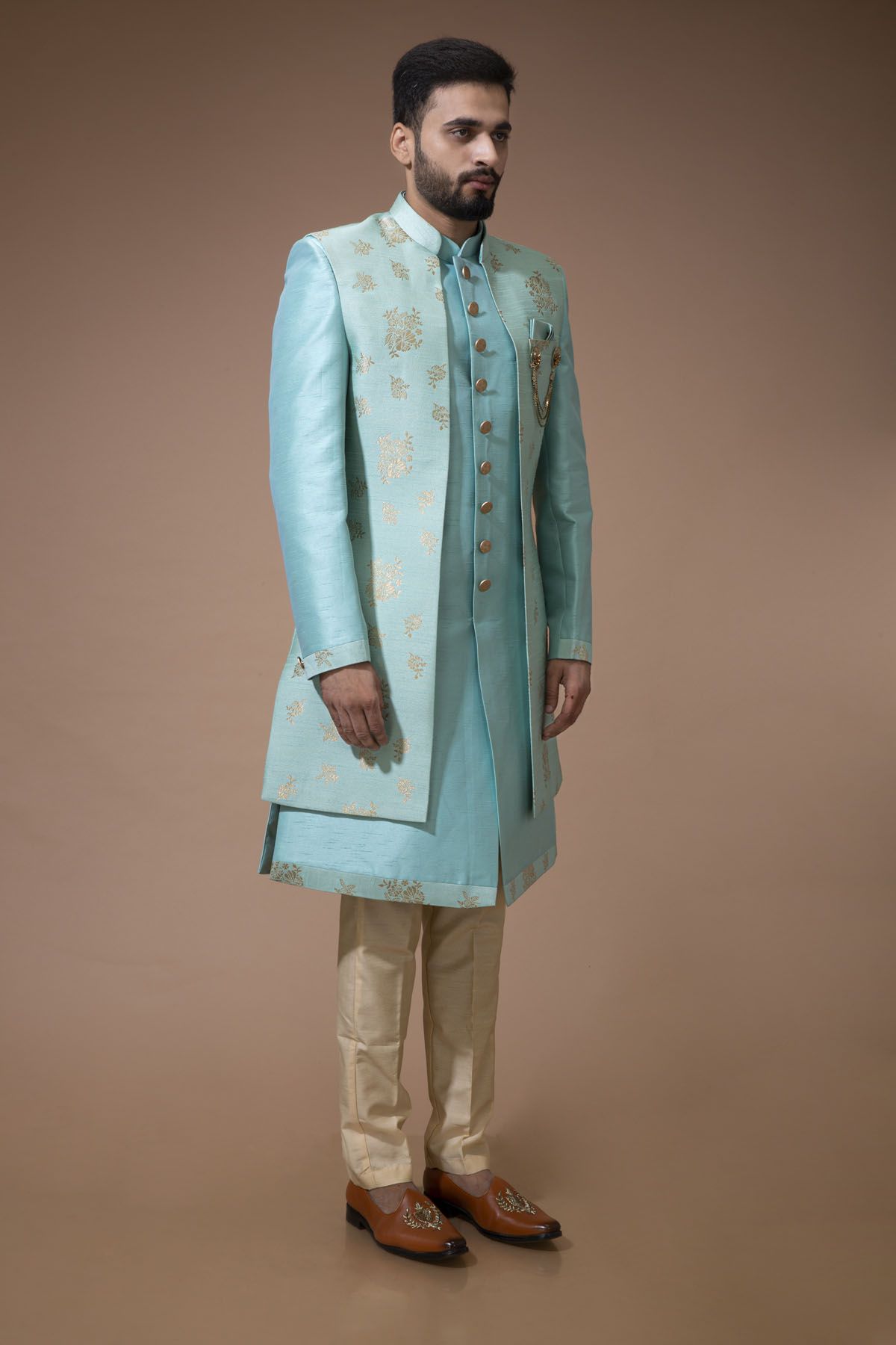 Sea Green Nawabi With Jacquard Long Jacket