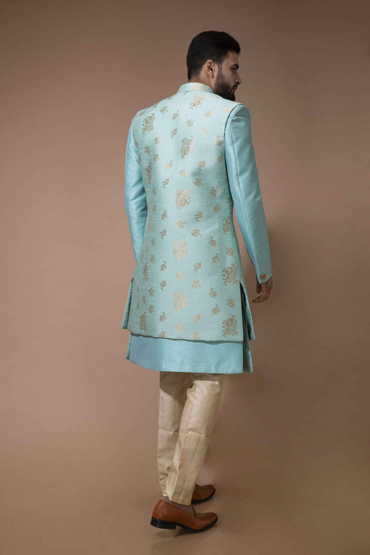 Sea Green Nawabi With Jacquard Long Jacket