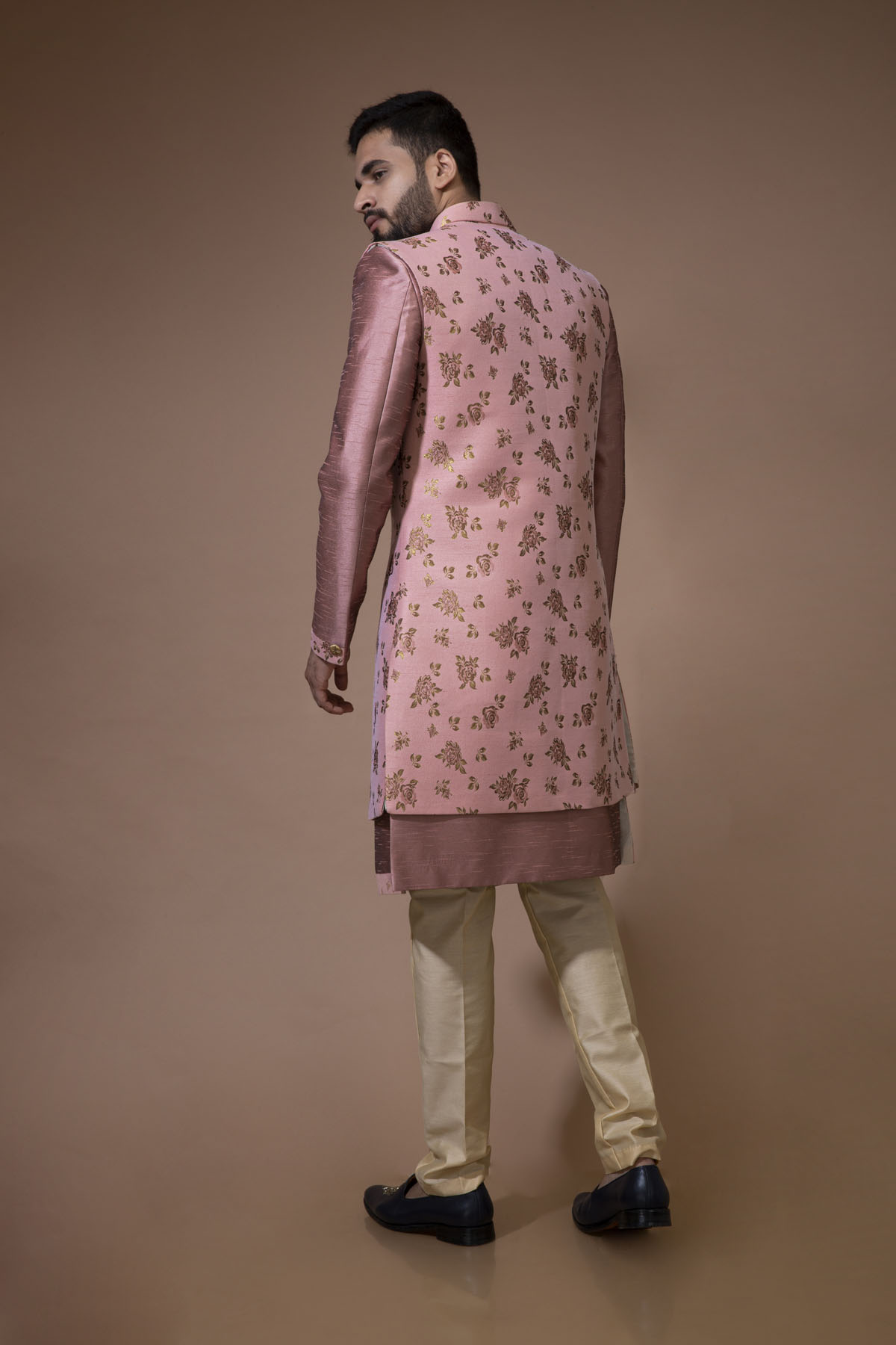 Rosy Coral Nawabi with Floral Long jacket