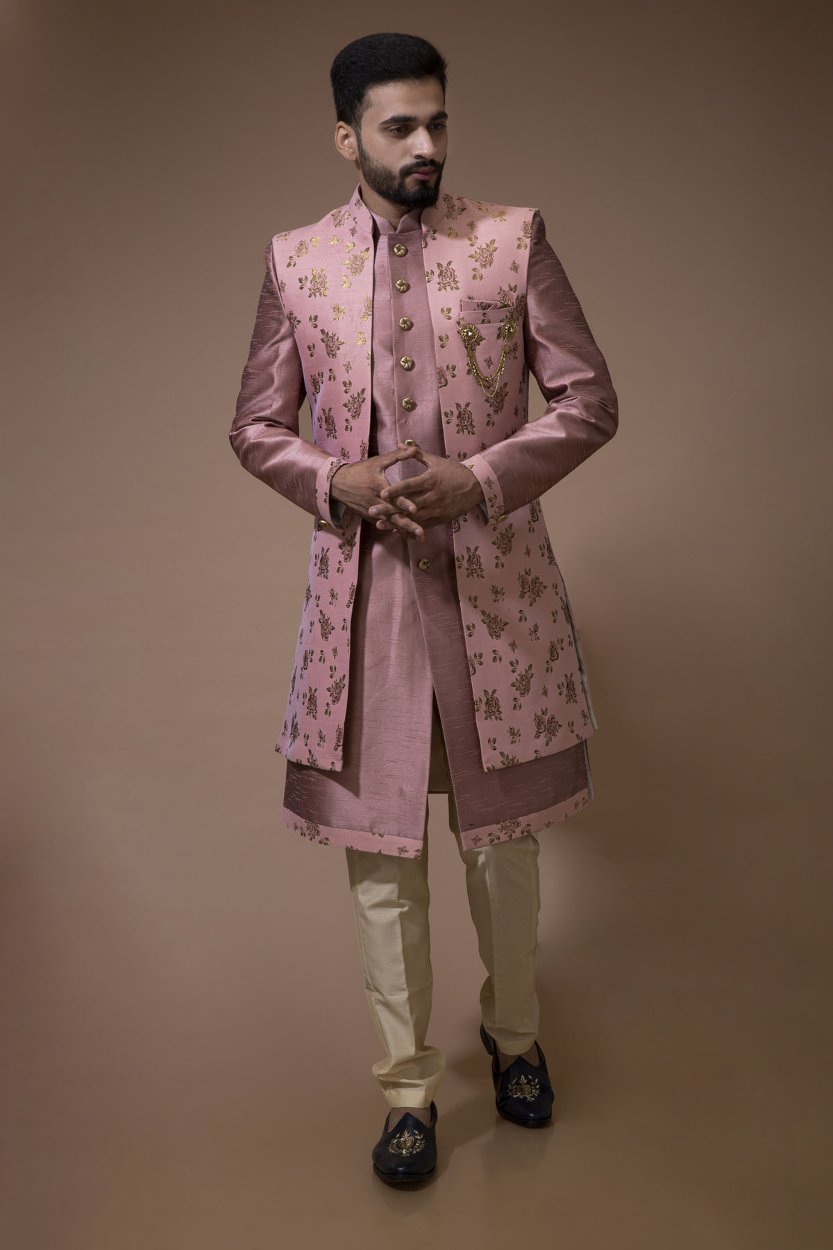 Rosy Coral Nawabi with Floral Long jacket