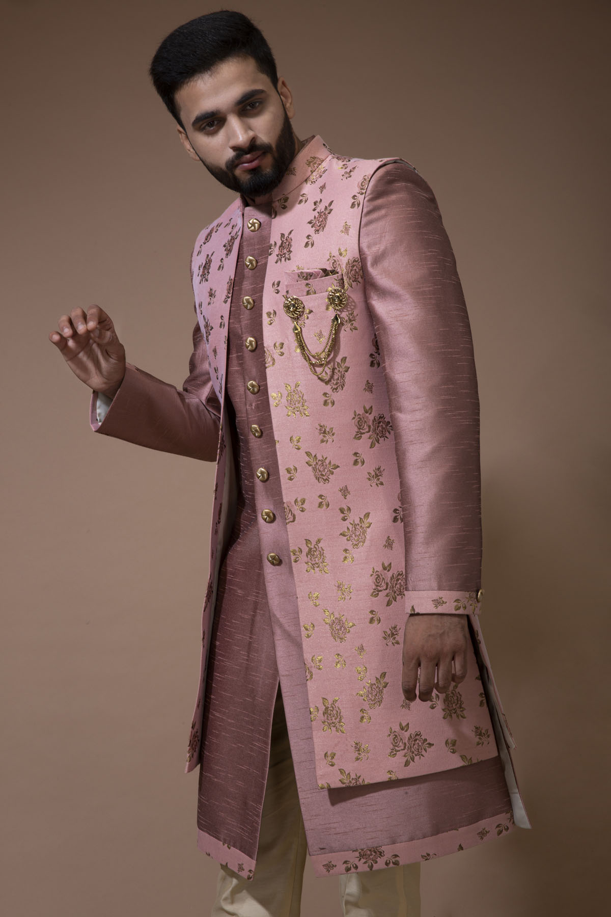 Rosy Coral Nawabi with Floral Long jacket