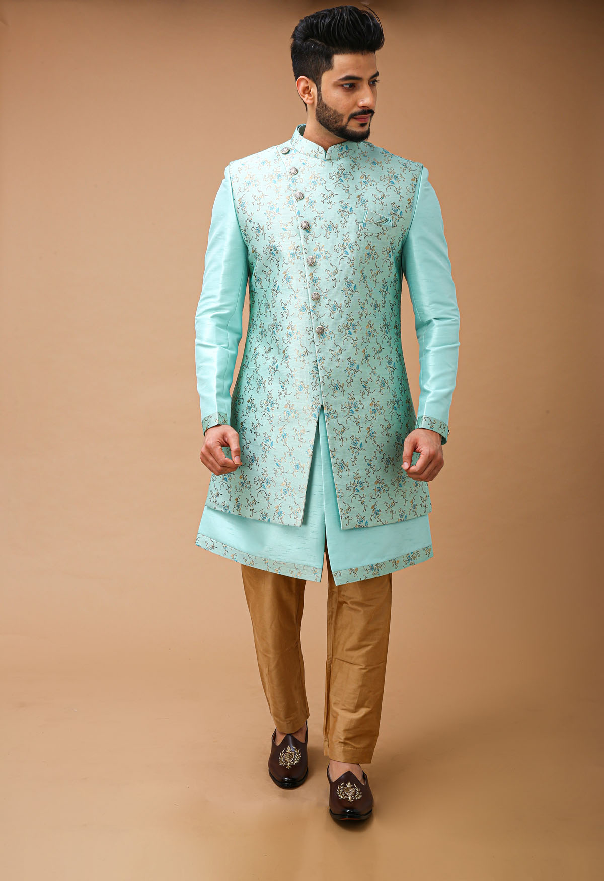 Mint Sea Green Nawabi With Jacquard Long Jacket