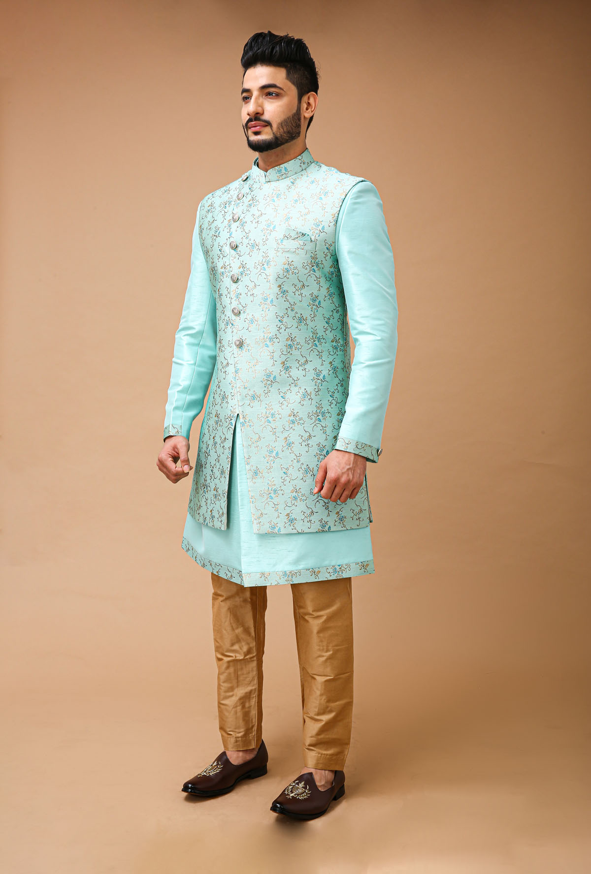 Mint Sea Green Nawabi With Jacquard Long Jacket