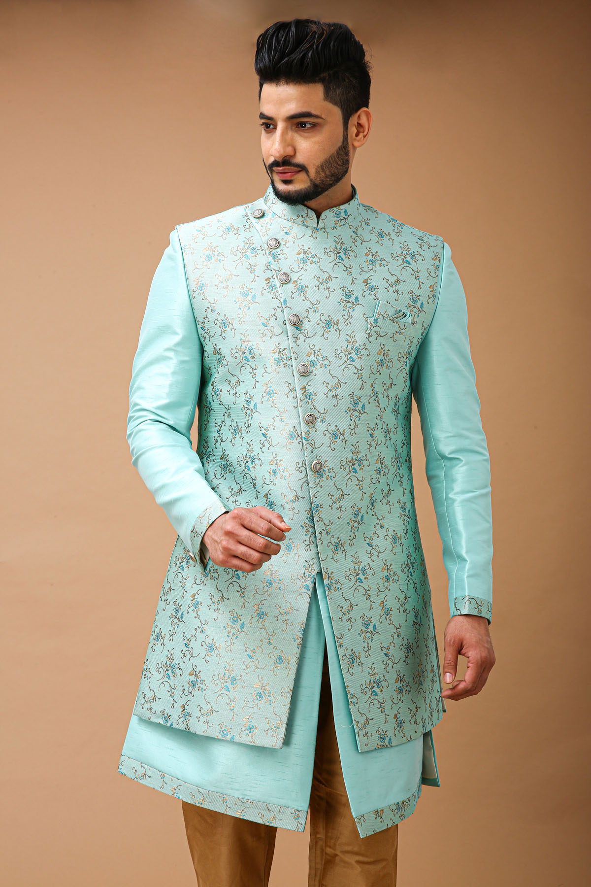 Mint Sea Green Nawabi With Jacquard Long Jacket