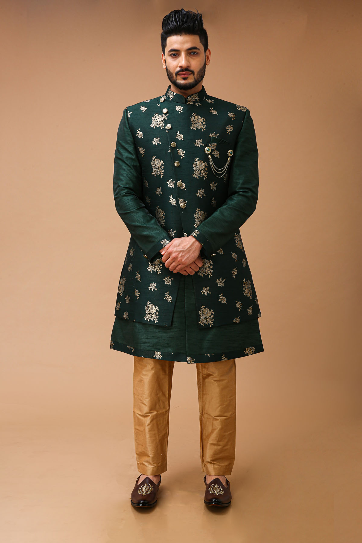 Emerald Green Nawabi With Floral Long Jacket