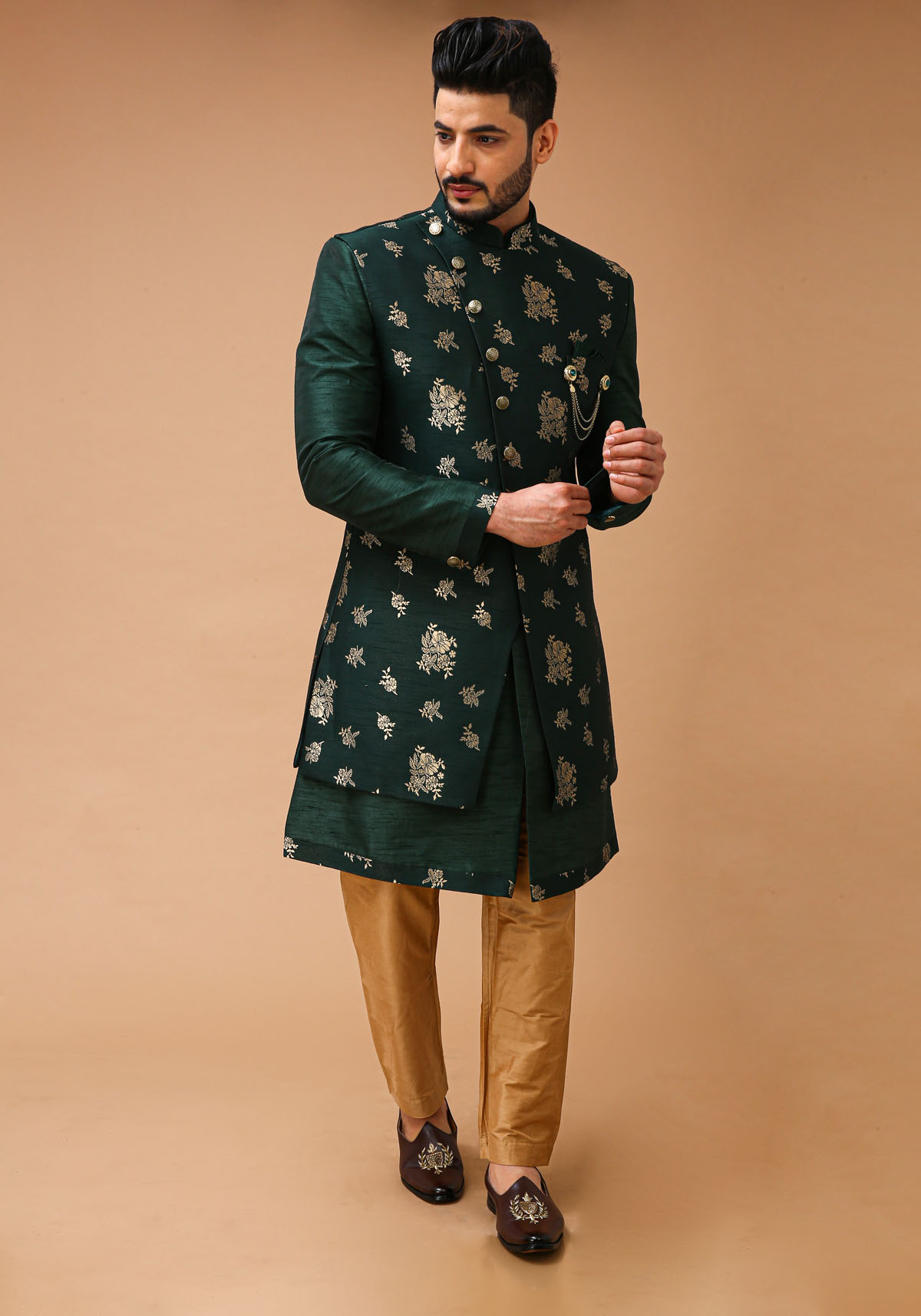 Emerald Green Nawabi With Floral Long Jacket