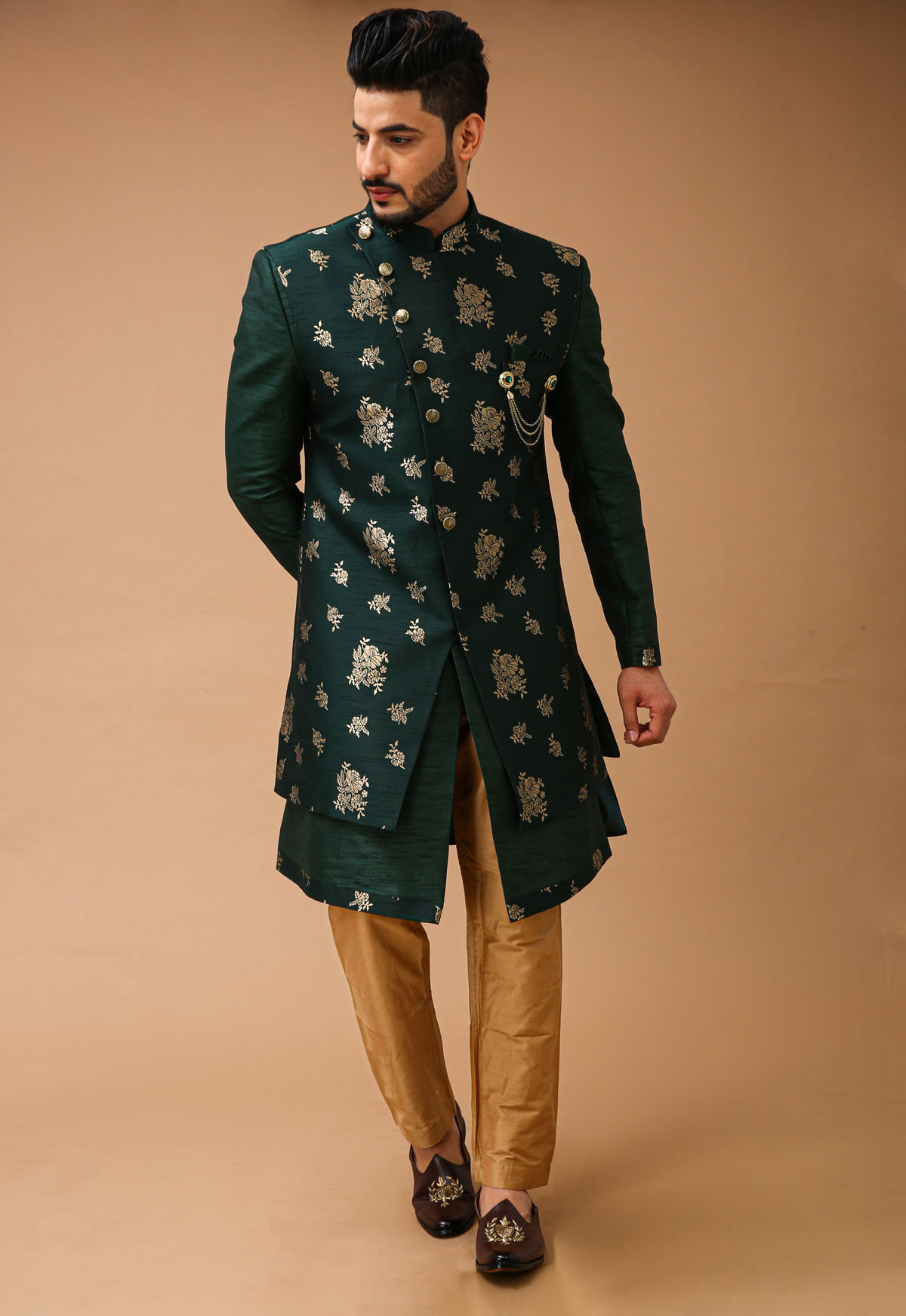 Emerald Green Nawabi With Floral Long Jacket