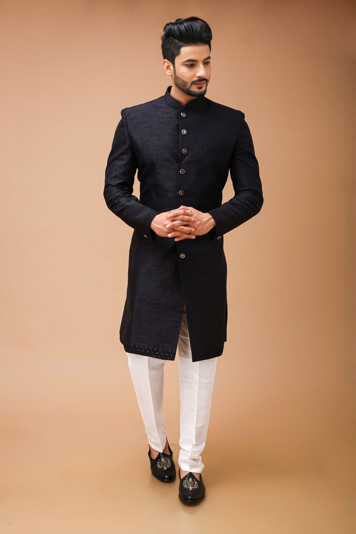 Black Nawabi With Self Embroidered Long Jacket