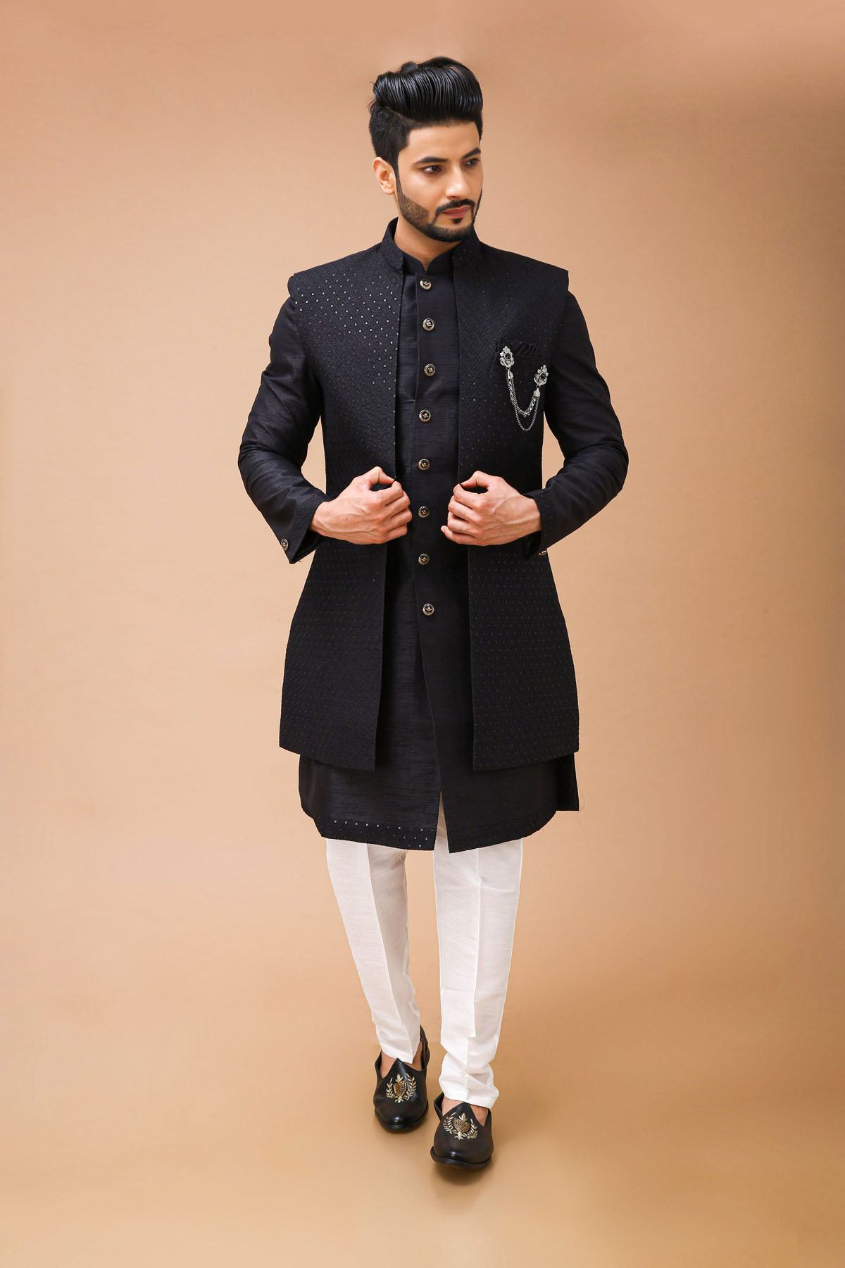 Black Nawabi With Self Embroidered Long Jacket