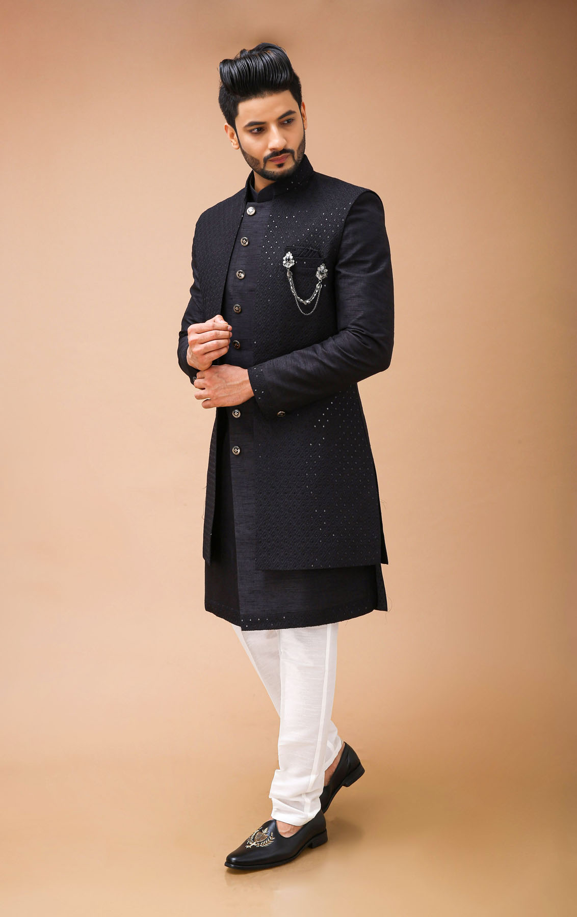 Black Nawabi With Self Embroidered Long Jacket