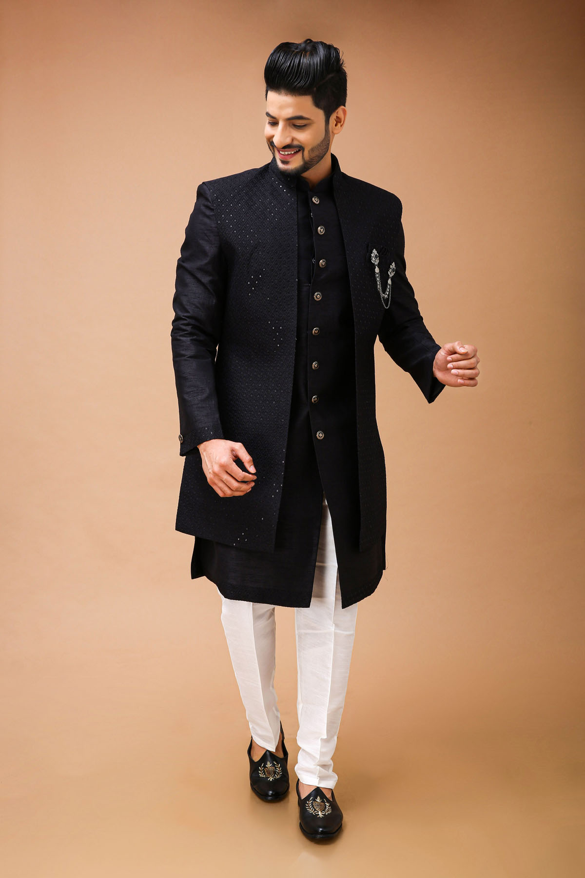 Black Nawabi With Self Embroidered Long Jacket