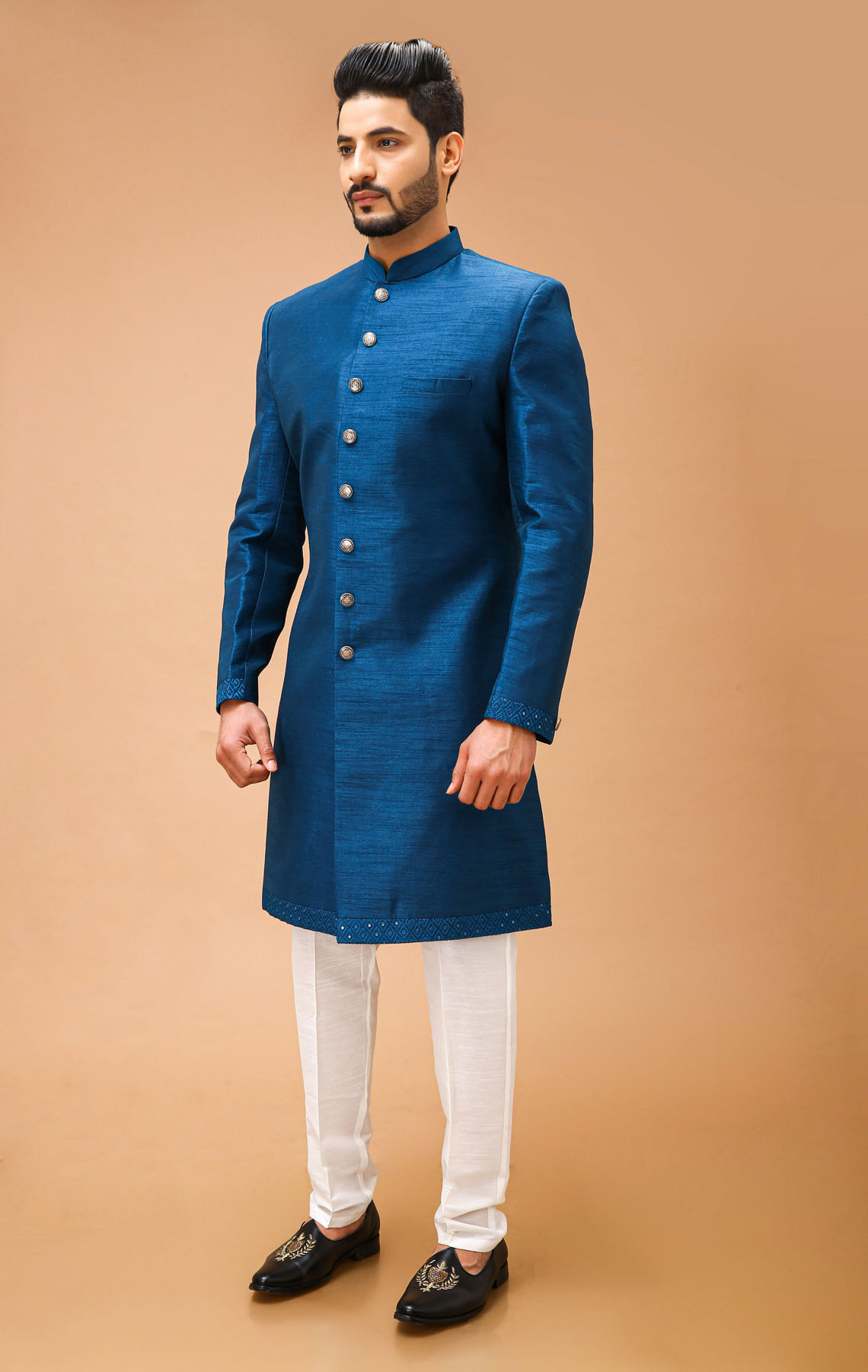 Teal Blue Nawabi With Self Embroidered Long Jacket