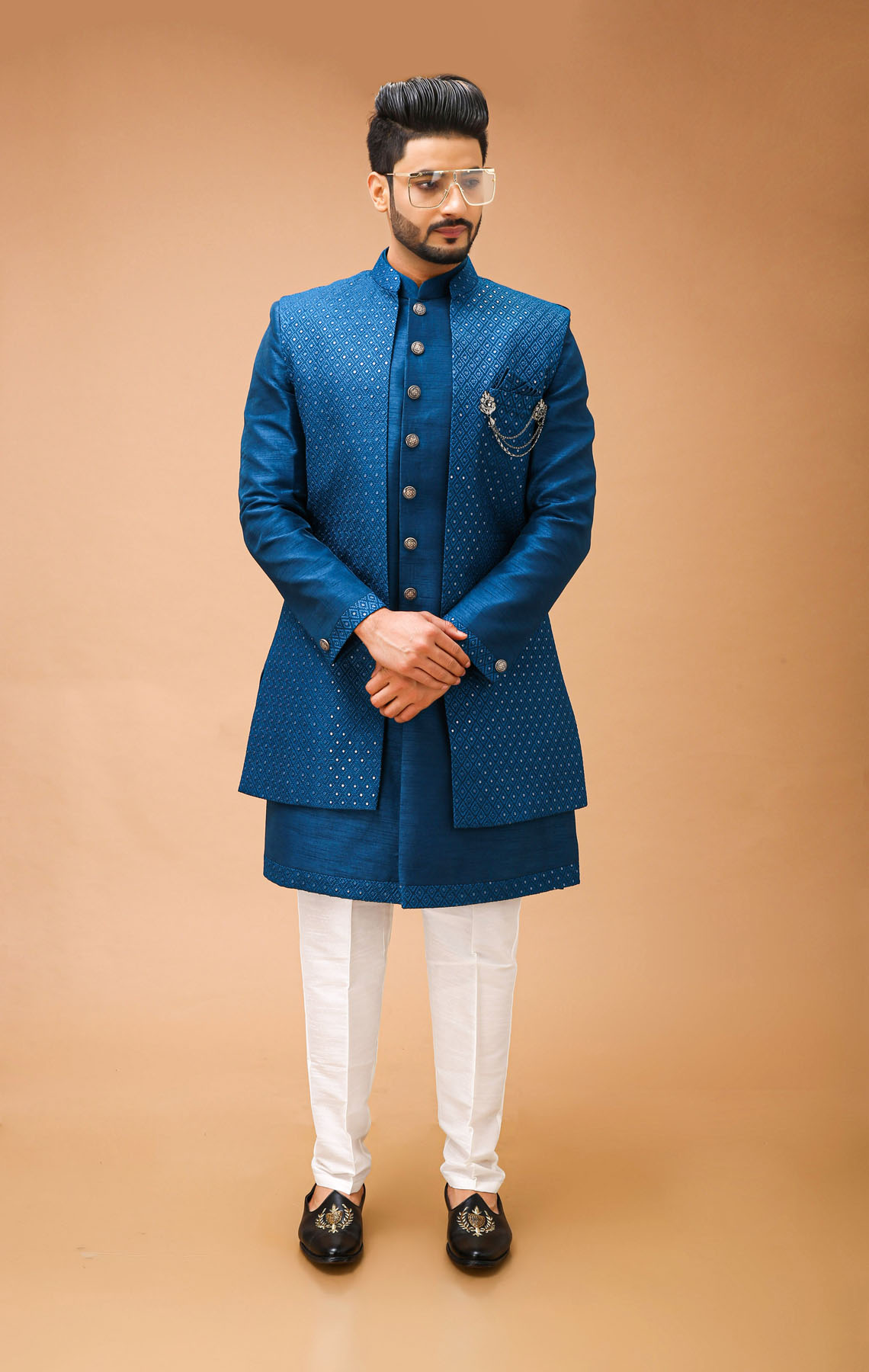 Teal Blue Nawabi With Self Embroidered Long Jacket