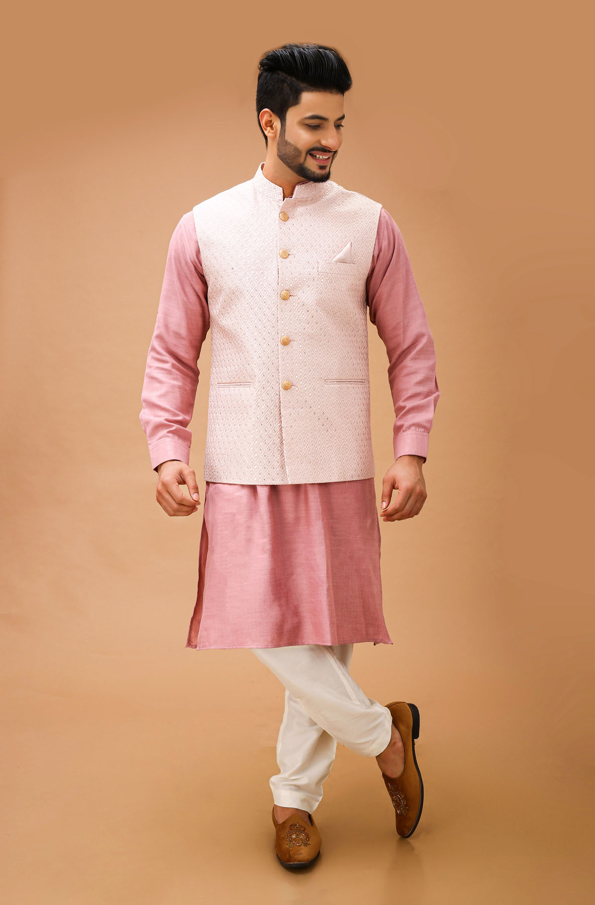 Tone Of Blush Pink Kurta With Self Embroidered Jacket