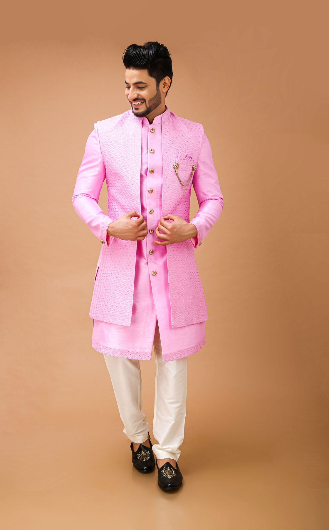 Electric  Light Pink Nawabi With Long Jacket 