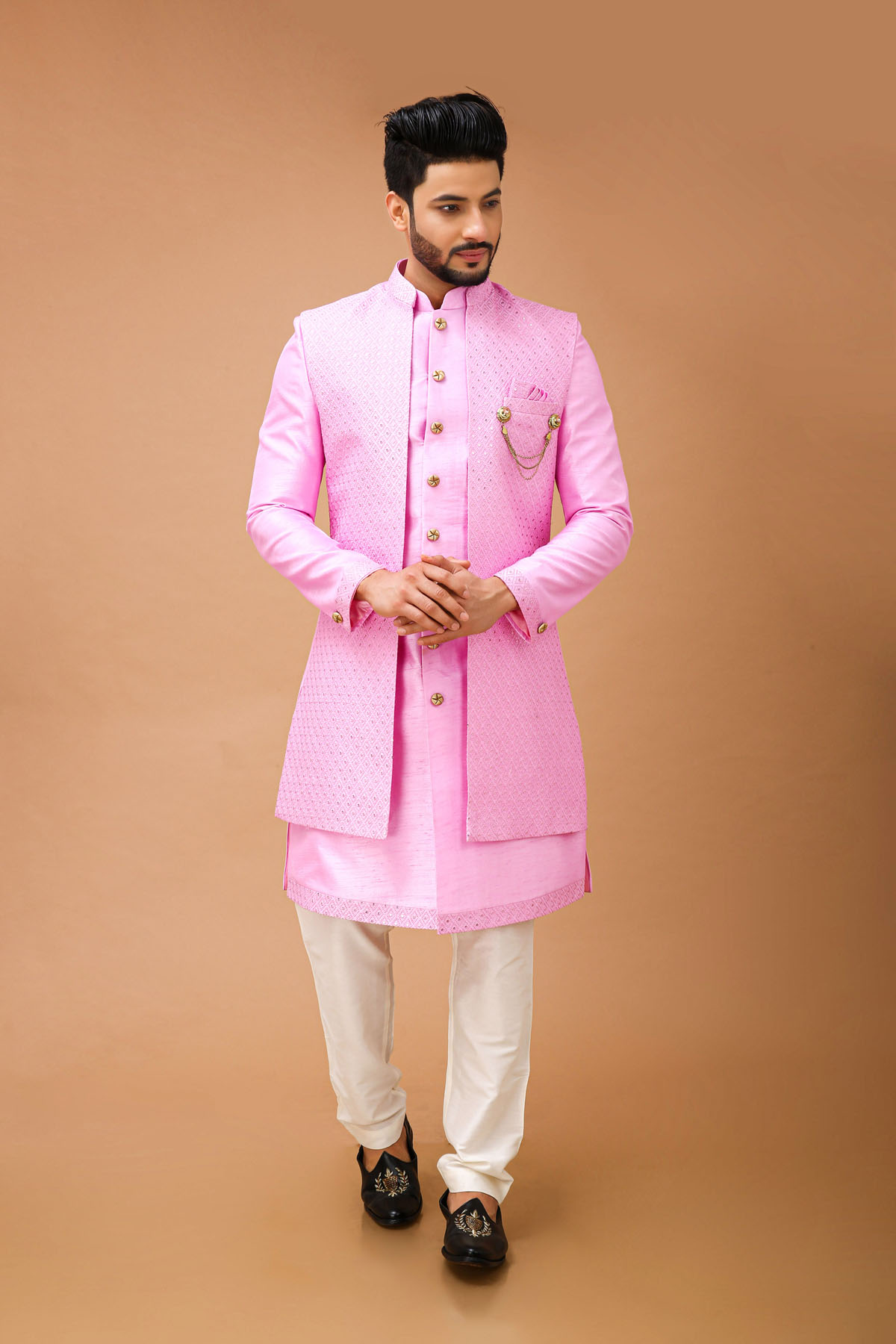 Electric  Light Pink Nawabi With Long Jacket 