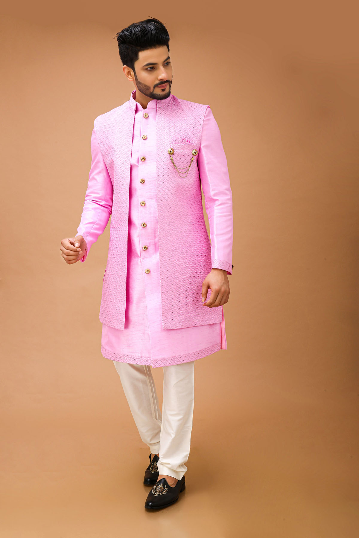 Electric  Light Pink Nawabi With Long Jacket 