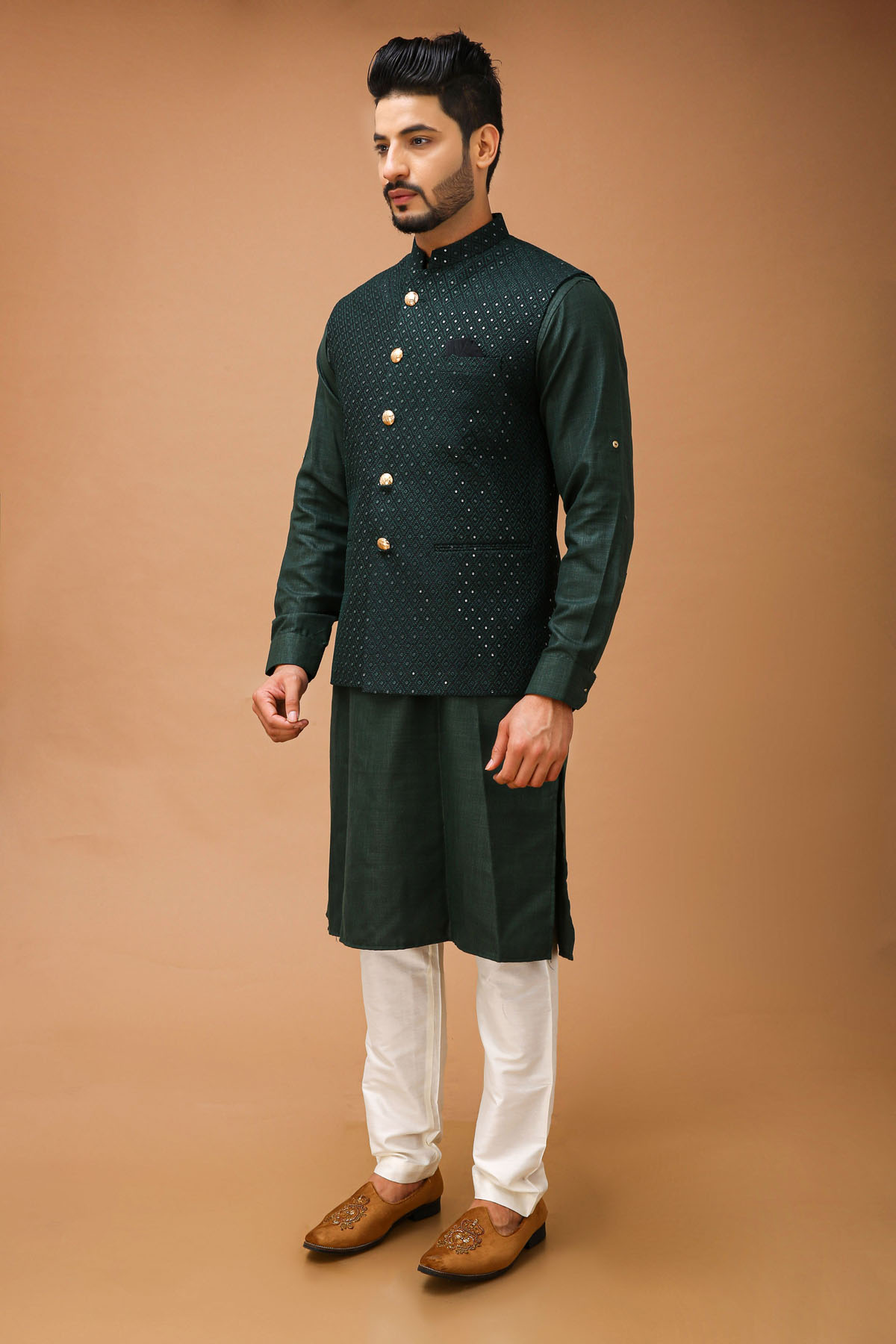Green Kurta With Green Self Embroidered Jacket