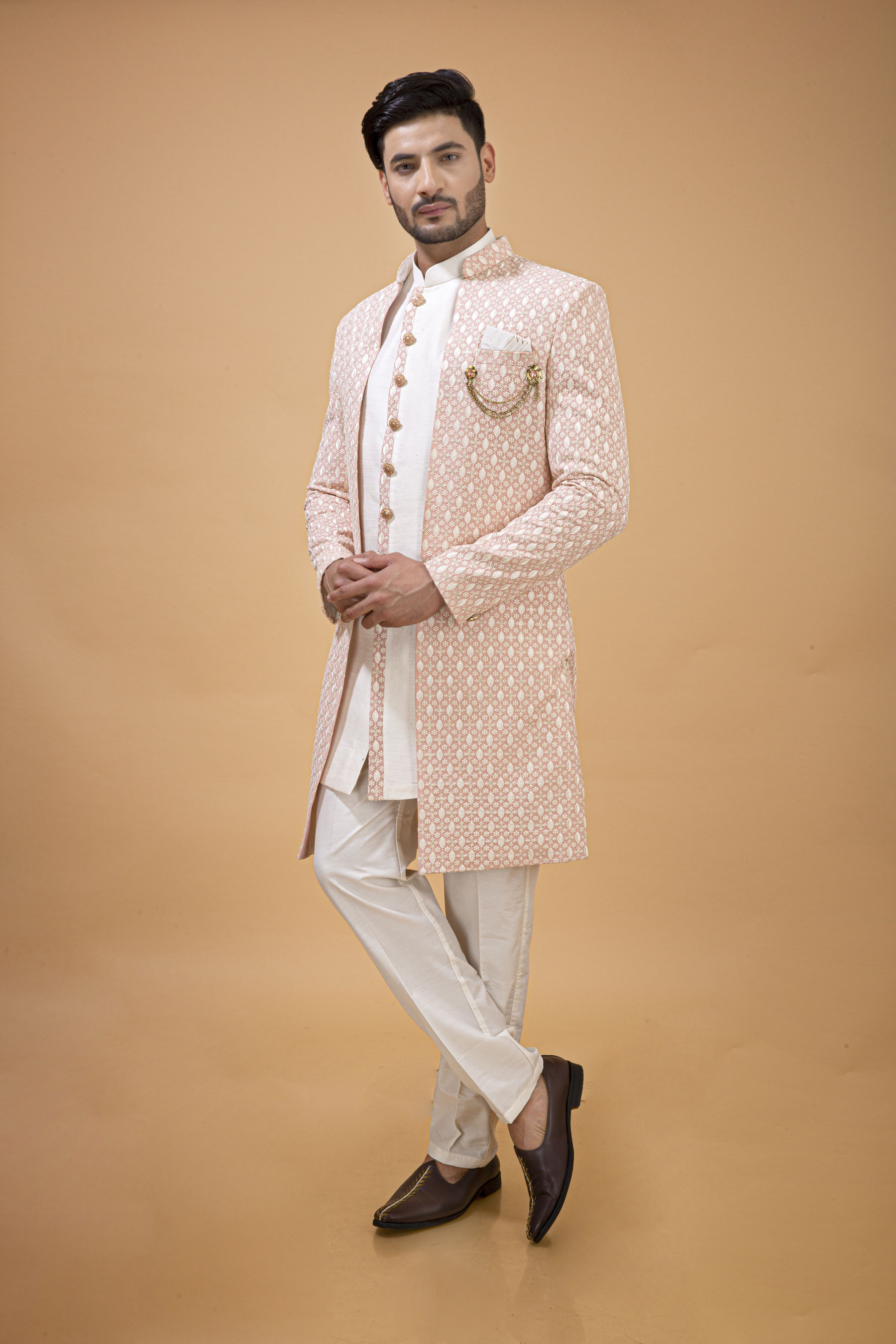 PASTEL PINK NAWABI WITH OFFWHITE LONG JACKET  