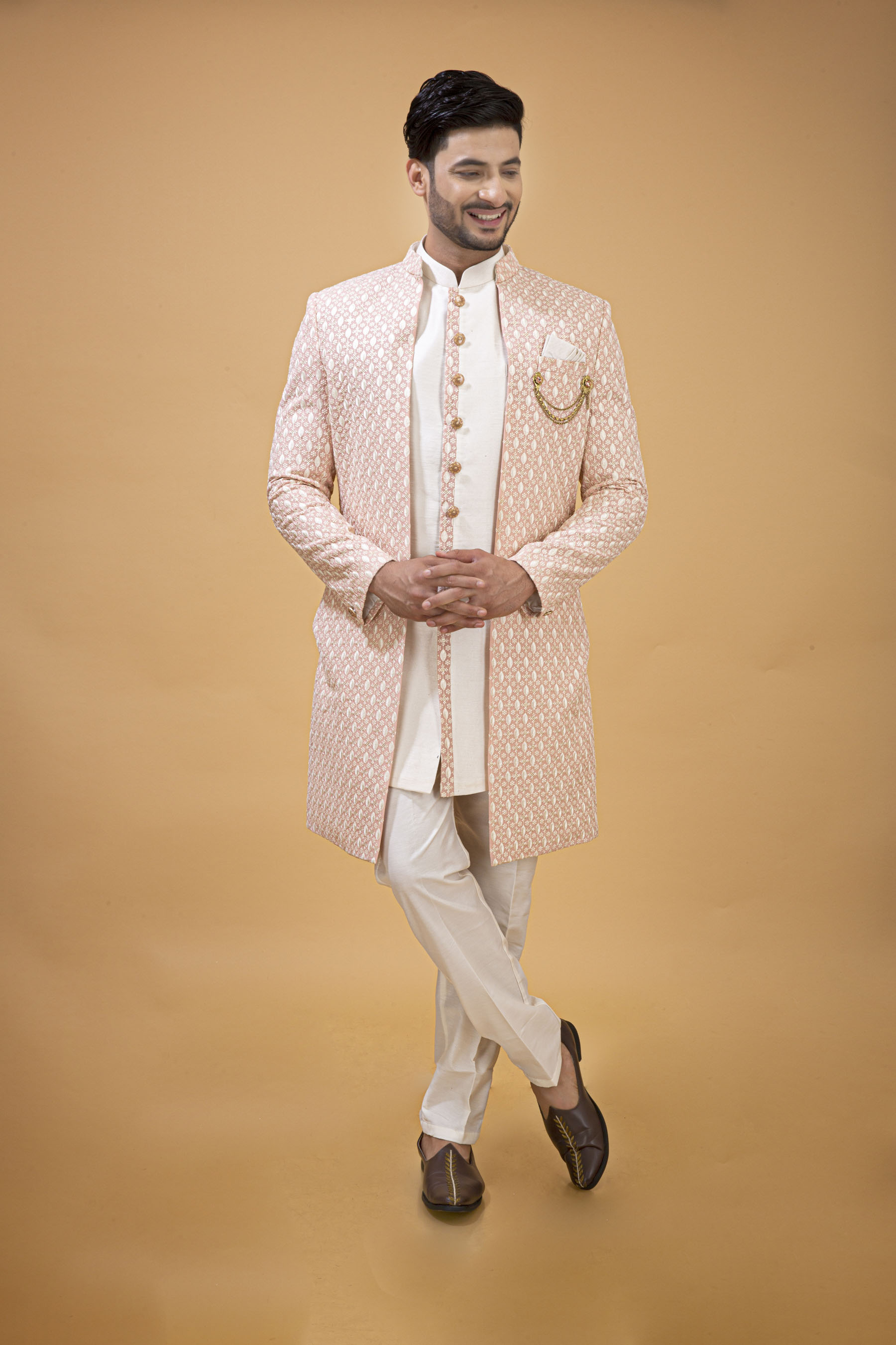 PASTEL PINK NAWABI WITH OFFWHITE LONG JACKET  