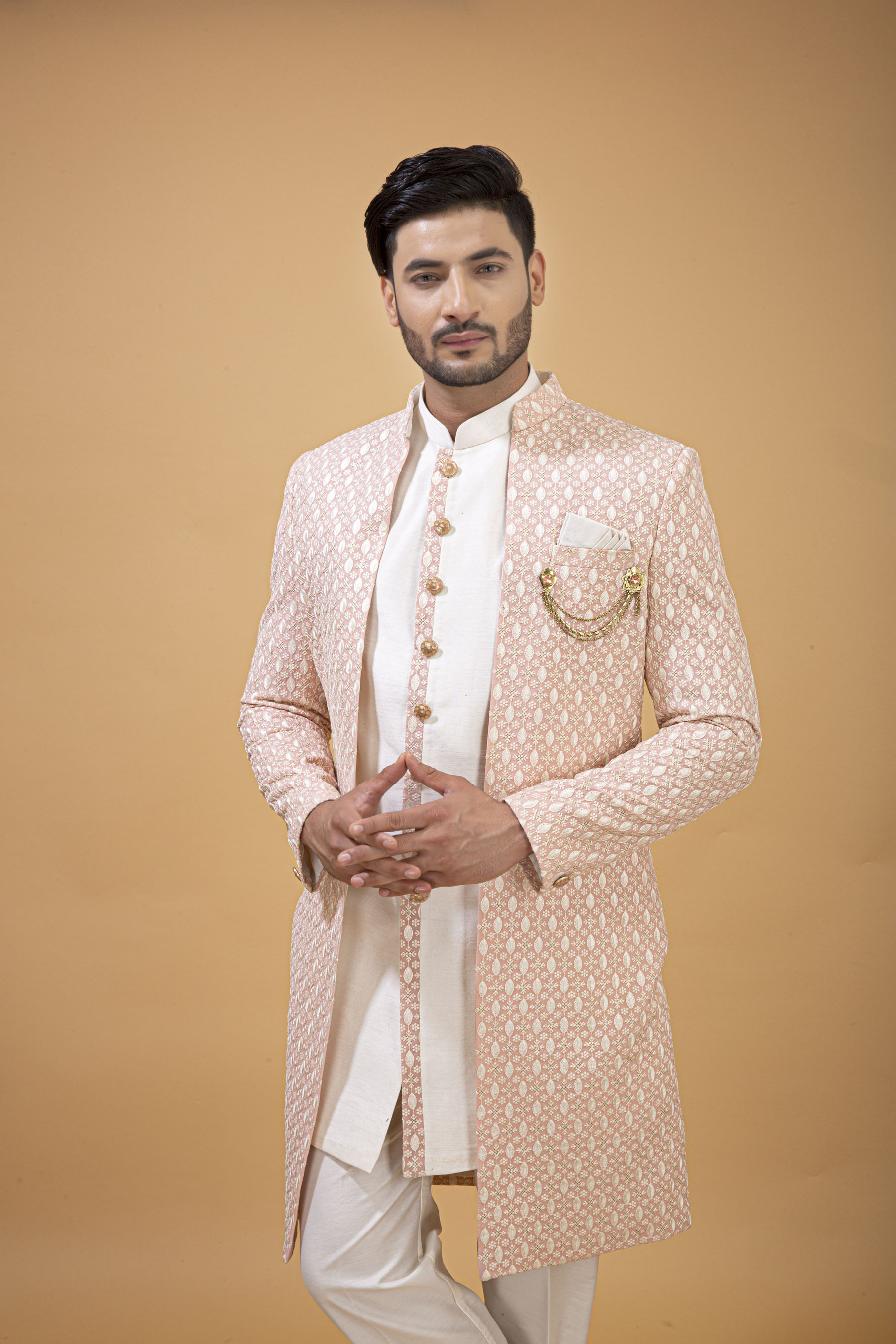 PASTEL PINK NAWABI WITH OFFWHITE LONG JACKET  