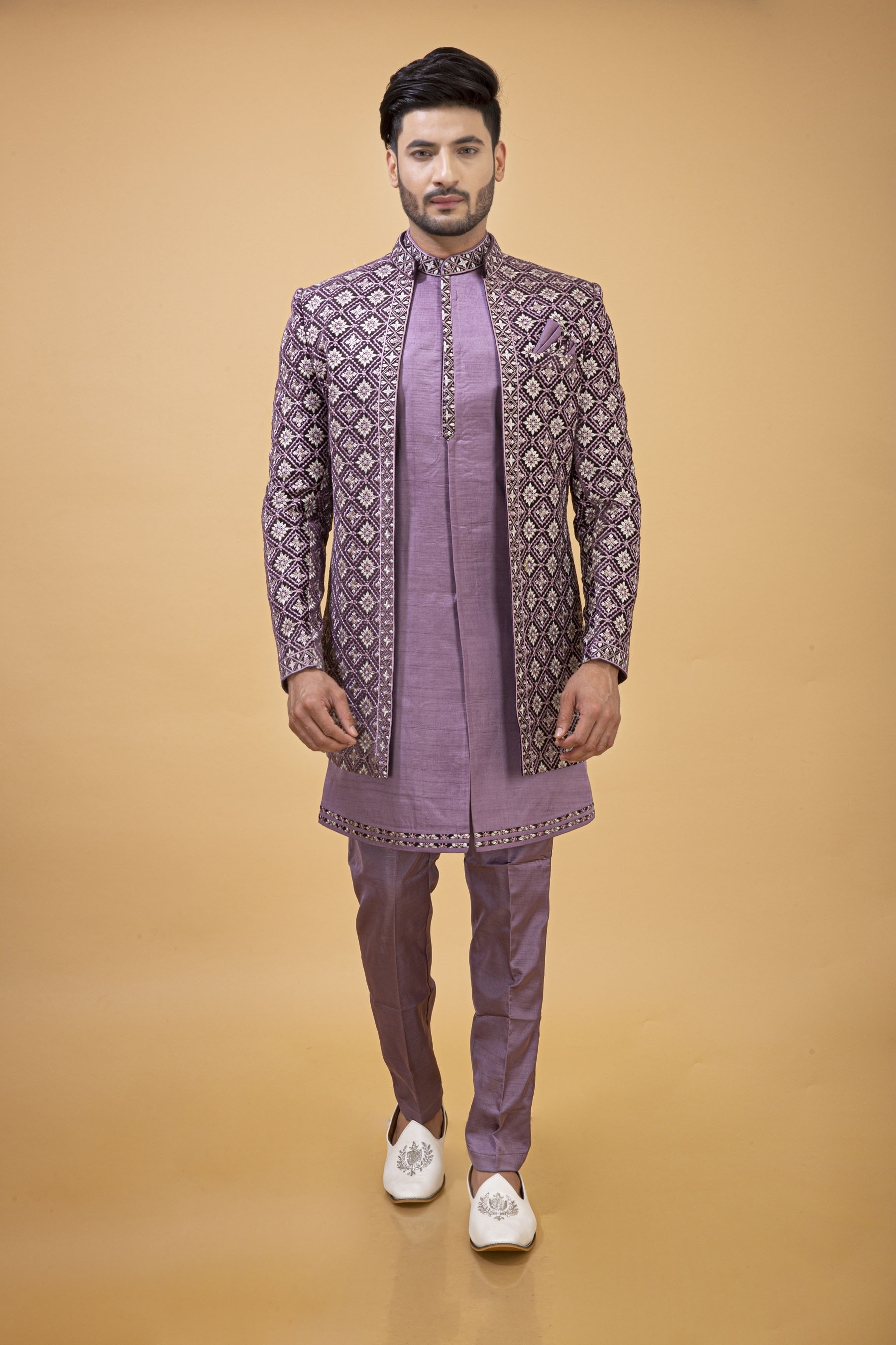 DARK LILAC SELF WORK JACKET WITH KURTA